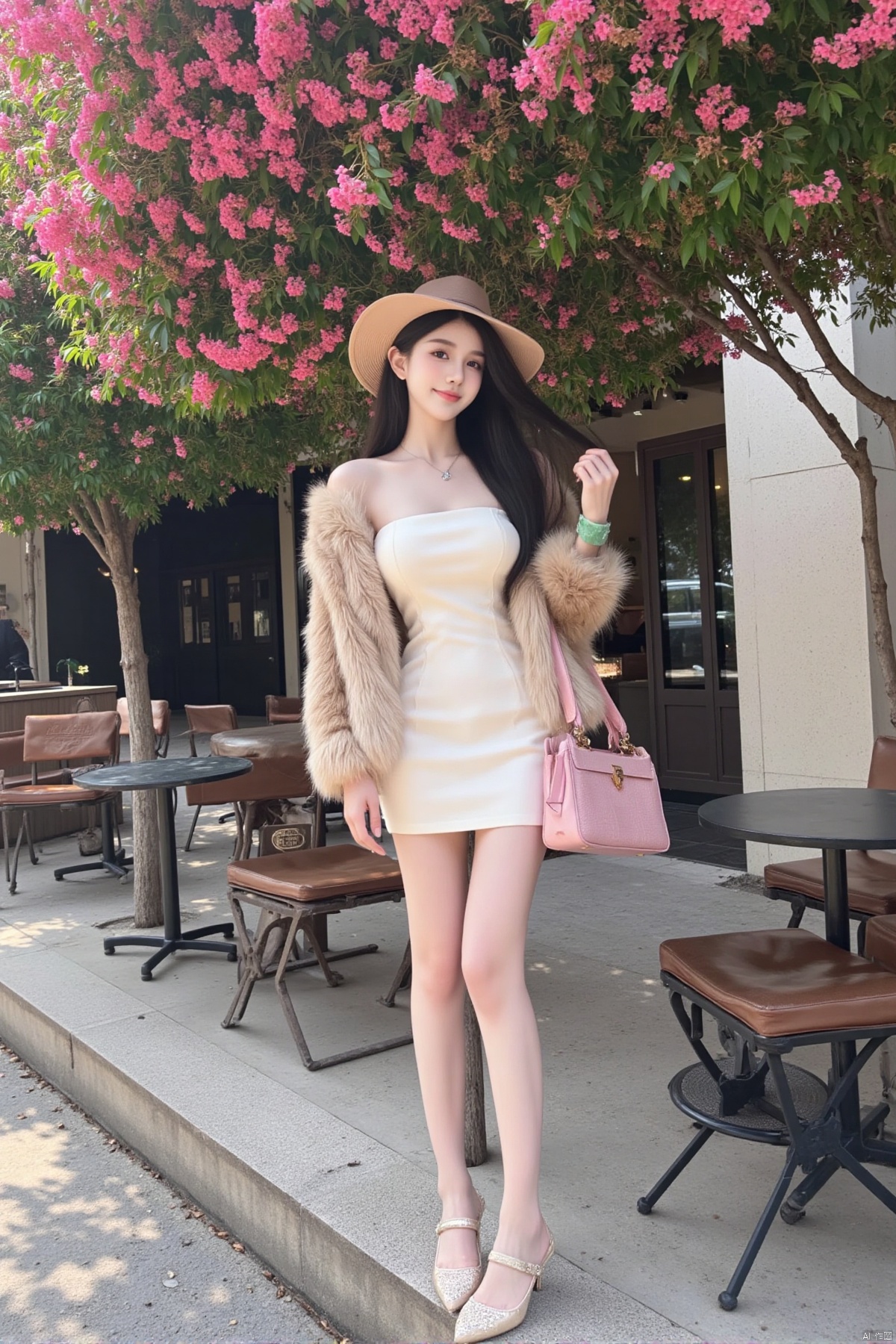 Realistic photo, a young woman, long flowing hair, fair skin, big breasts, fashionable hat, off-shoulder dress, mink coat, wearing a green jade bracelet on her right hand, holding a pink leather bag in her left hand , long legs, high heels, whole body, coffee shop entrance, tables and chairs, trees full of pink flowers,