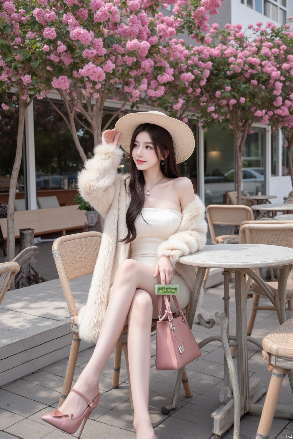 Realistic photo, a young woman, long flowing hair, fair skin, big breasts, fashionable hat, off-shoulder dress, mink coat, wearing a green jade bracelet on her right hand, holding a pink leather bag in her left hand , long legs, high heels, full body, sitting, coffee shop entrance, tables and chairs, trees full of pink flowers,