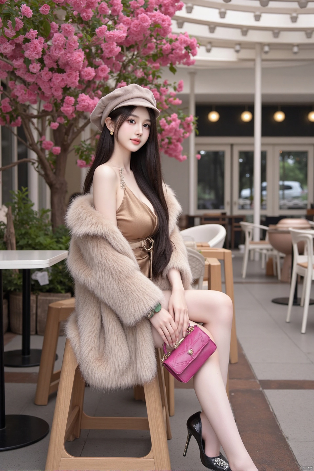 Realistic photo, a young woman, long flowing hair, fair skin, big breasts, fashionable hat, off-shoulder dress, mink coat, wearing a green jade bracelet on her right hand, holding a pink leather bag in her left hand , long legs, high heels, full body, sitting, coffee shop entrance, tables and chairs, trees full of pink flowers,