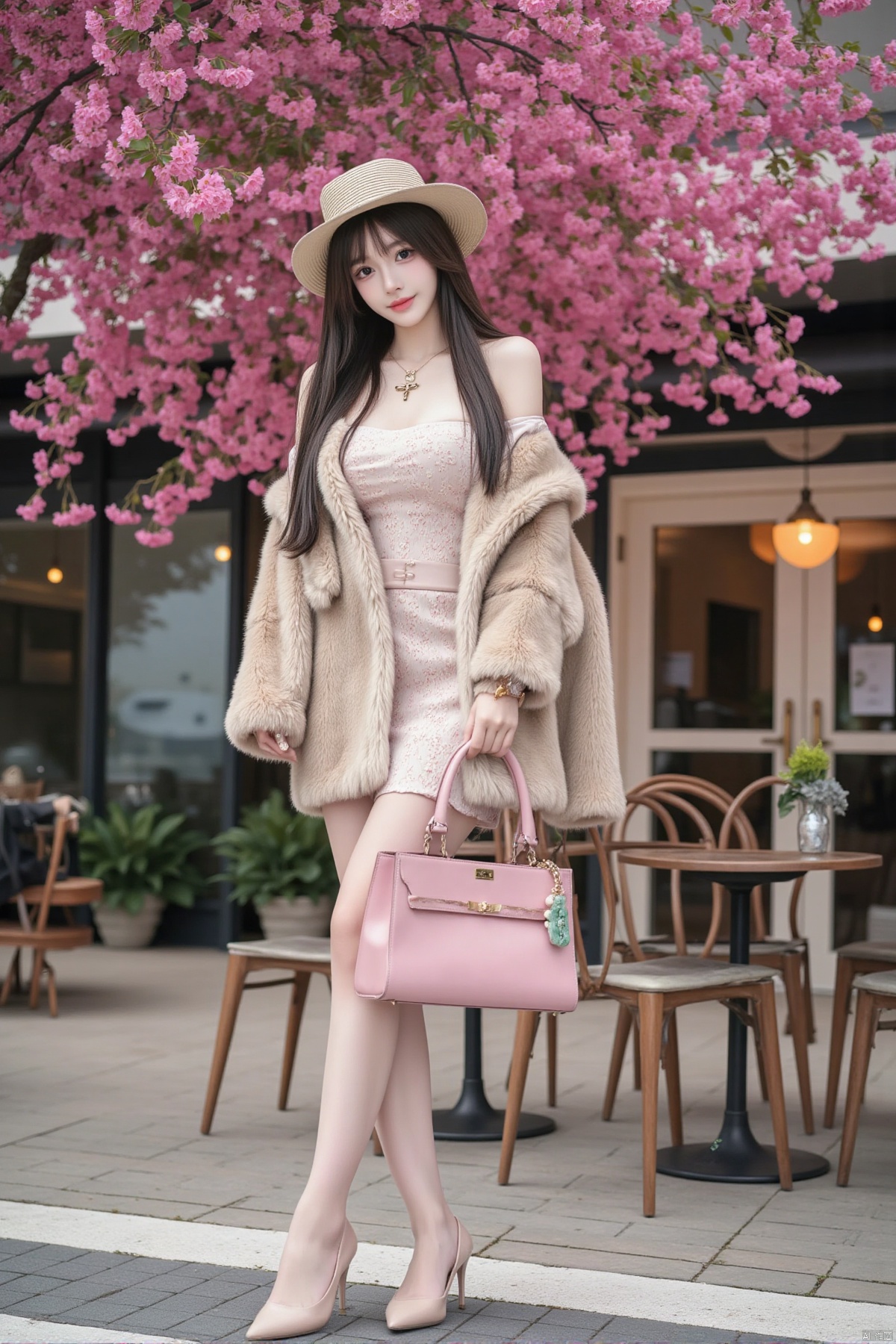 Realistic photo, a young woman, long flowing hair, fair skin, big breasts, fashionable hat, off-shoulder dress, mink coat, wearing a green jade bracelet on her right hand, holding a pink leather bag in her left hand , long legs, high heels, whole body, coffee shop entrance, tables and chairs, trees full of pink flowers,