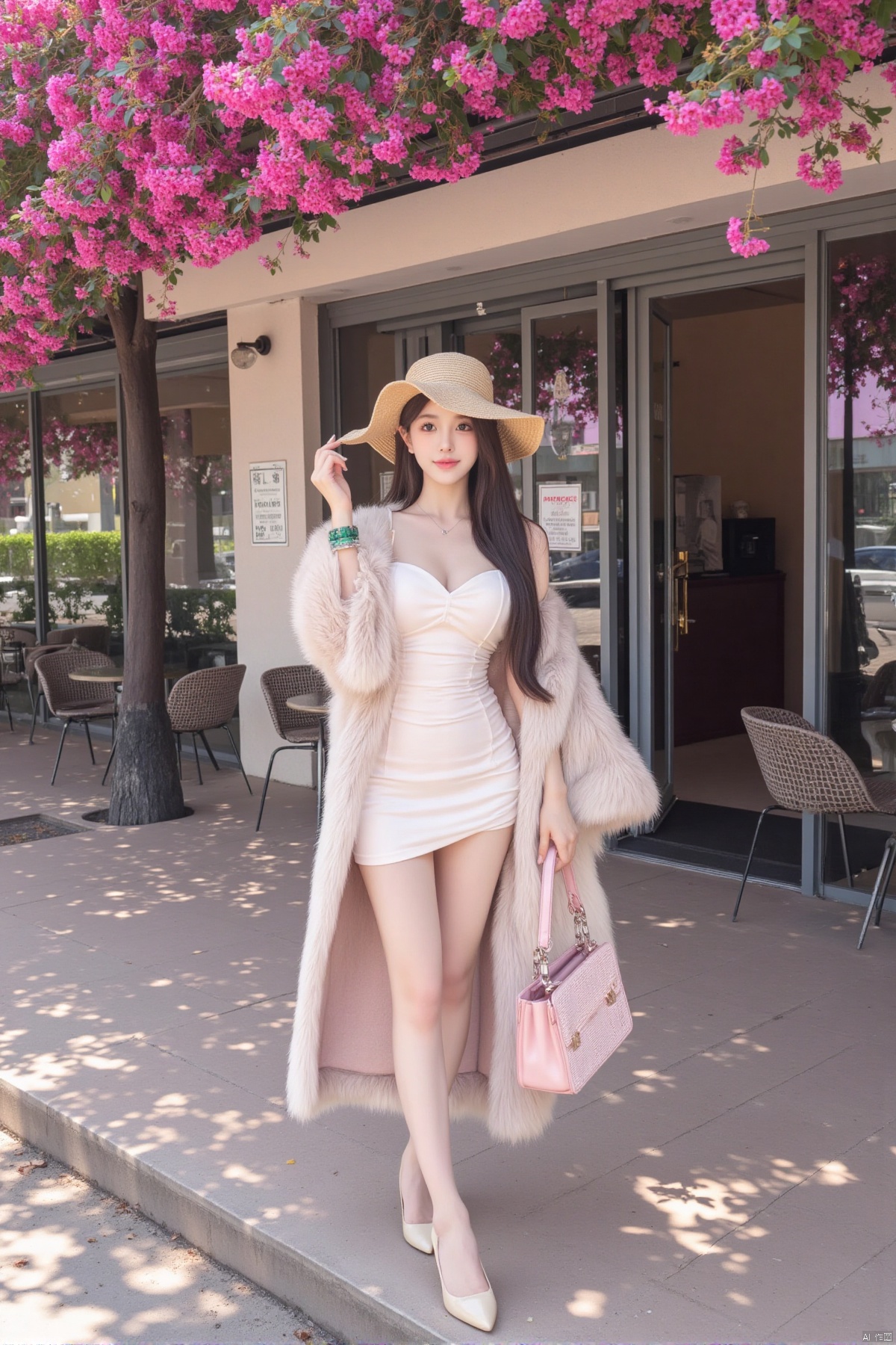 Realistic photo, a young woman, long flowing hair, fair skin, big breasts, fashionable hat, off-shoulder dress, mink coat, wearing a green jade bracelet on her right hand, holding a pink leather bag in her left hand , long legs, high heels, whole body, coffee shop entrance, tables and chairs, trees full of pink flowers,