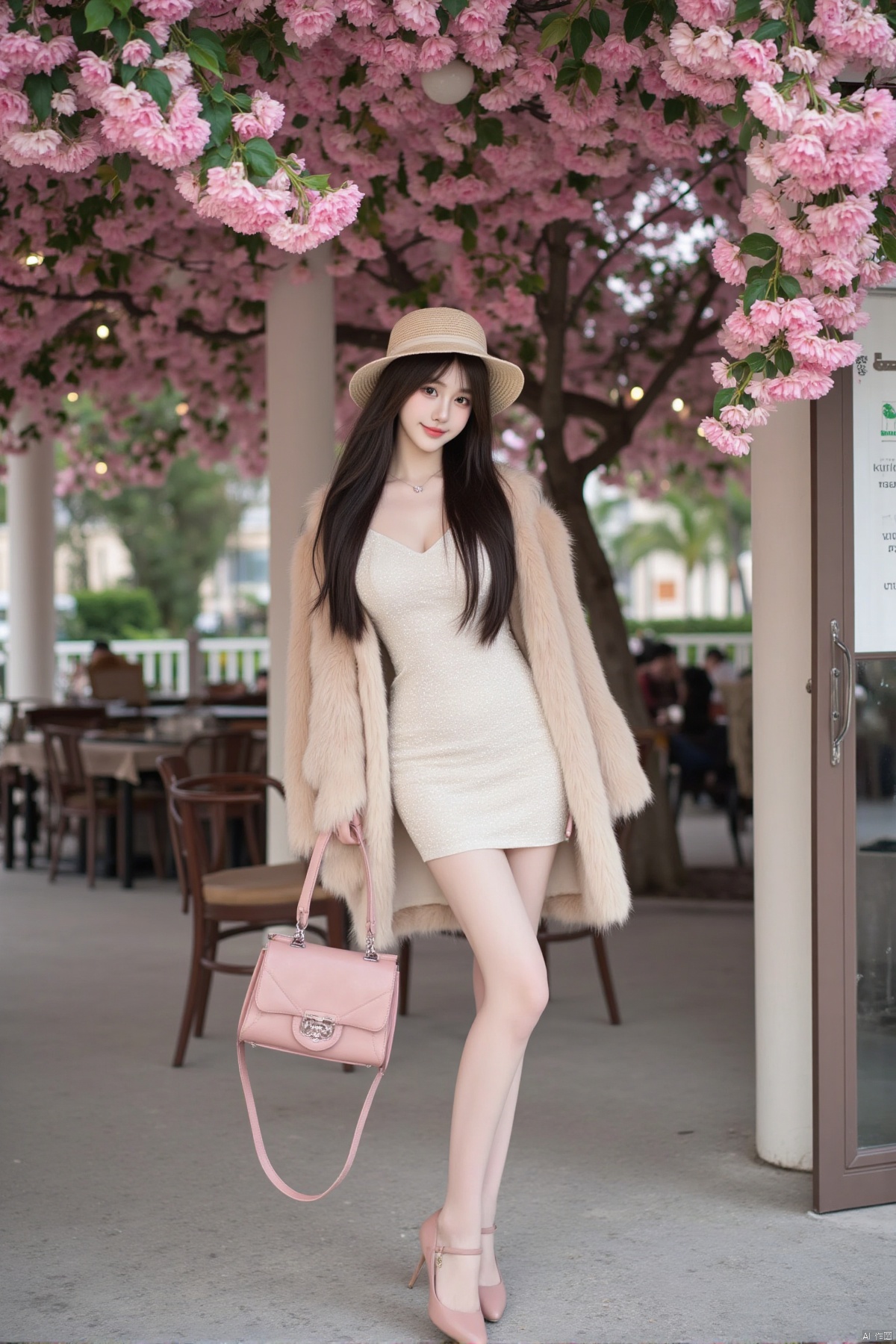 Realistic photo, a young woman, long flowing hair, fair skin, big breasts, fashionable hat, off-shoulder dress, mink coat, wearing a green jade bracelet on her right hand, holding a pink leather bag in her left hand , long legs, high heels, whole body, coffee shop entrance, tables and chairs, trees full of pink flowers,