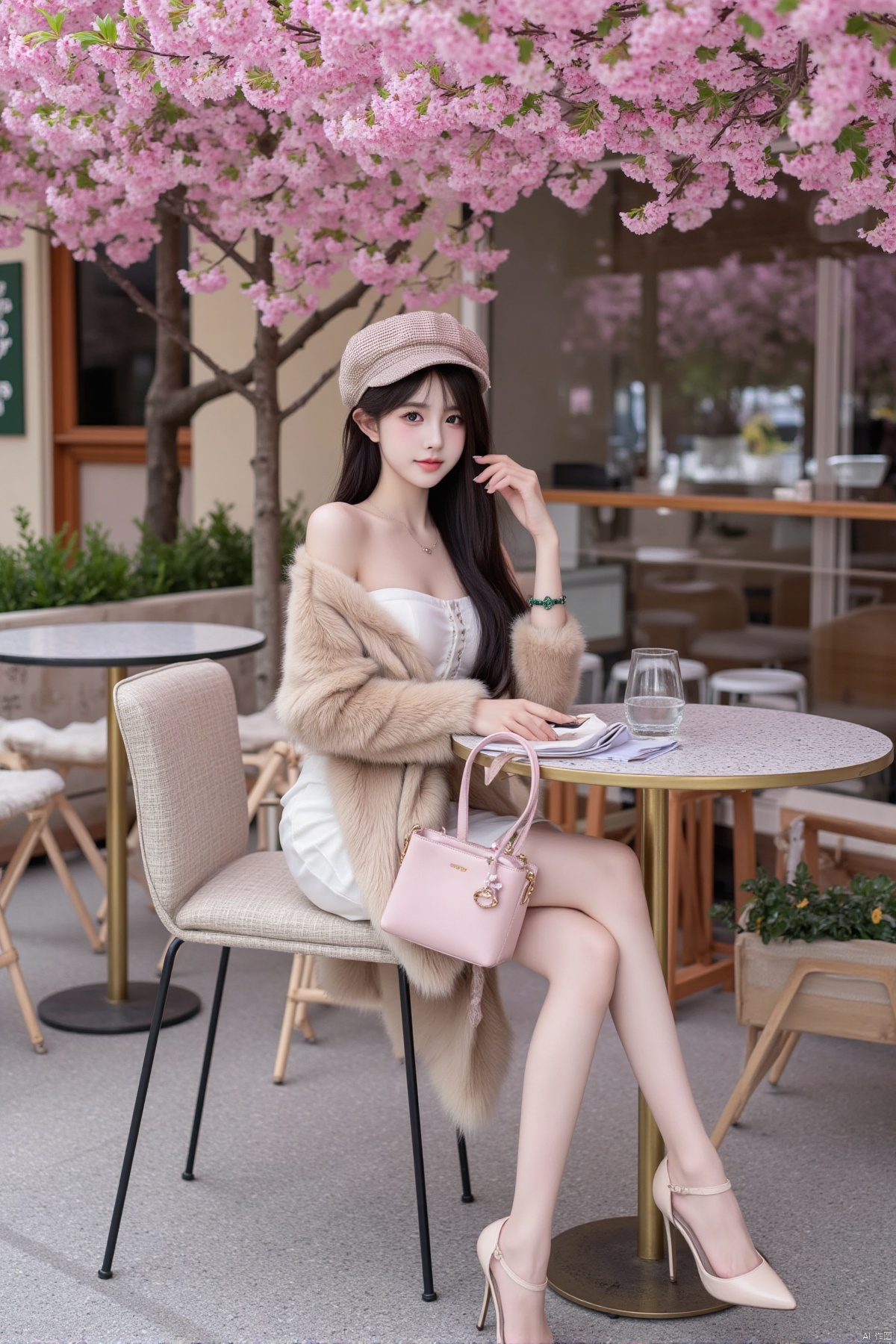 Realistic photo, a young woman, long flowing hair, fair skin, big breasts, fashionable hat, off-shoulder dress, mink coat, wearing a green jade bracelet on her right hand, holding a pink leather bag in her left hand , long legs, high heels, full body, sitting, coffee shop entrance, tables and chairs, trees full of pink flowers,