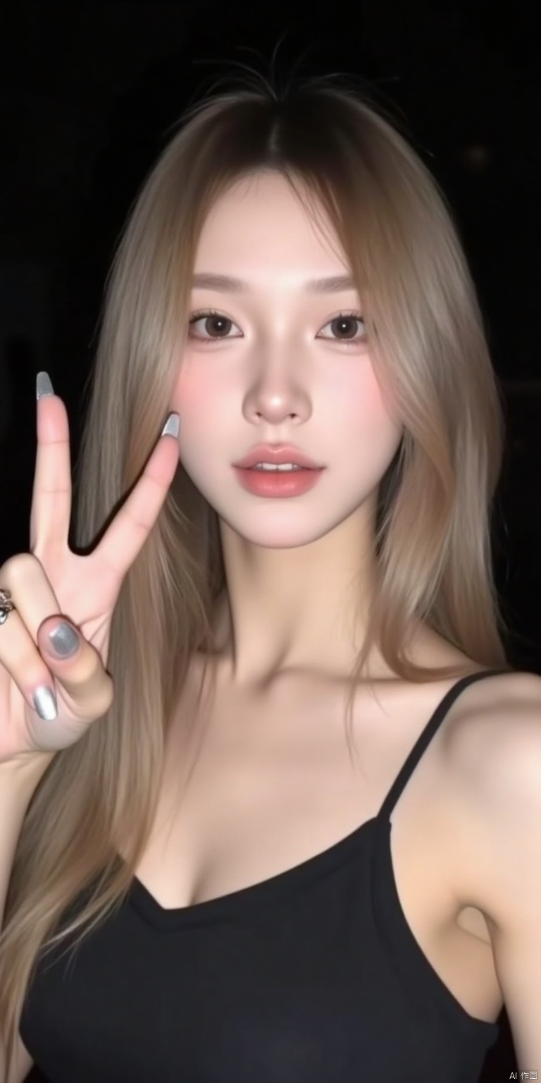 
a medium-sized Asian woman with long,
light-colored hair,
Her left hand is raised in the air,
Her right hand is adorned with a silver nail polish and a silver ring. She is facing the camera,
with her left hand pointing to the right. The background is dark,