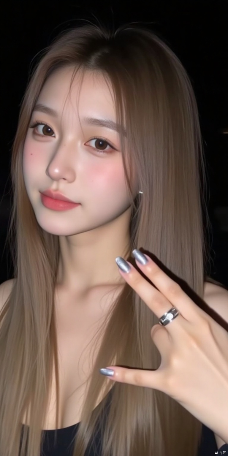 
a medium-sized Asian woman with long,
light-colored hair,
Her left hand is raised in the air,
Her right hand is adorned with a silver nail polish and a silver ring. She is facing the camera,
with her left hand pointing to the right. The background is dark,