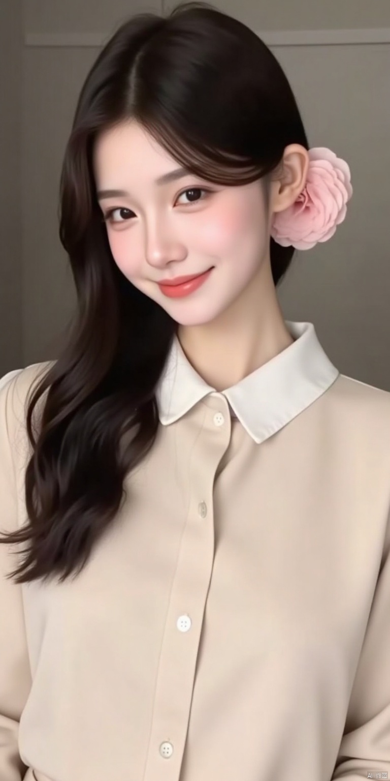 a medium-sized Asian woman with long dark brown hair and a pale pink rose in her right ear. She is wearing a cream-colored long-sleeved blouse
adorned with a white collar.


