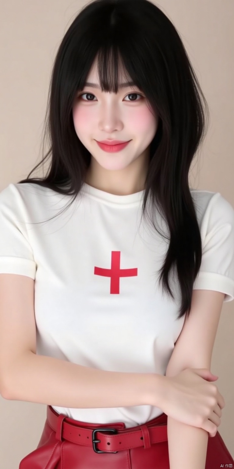 a young Asian woman with long black hair
wearing a white t-shirt with a red plus sign on it. Her left arm is draped over her right arm
with her left hand resting on her hip. She is wearing a red leather belt






