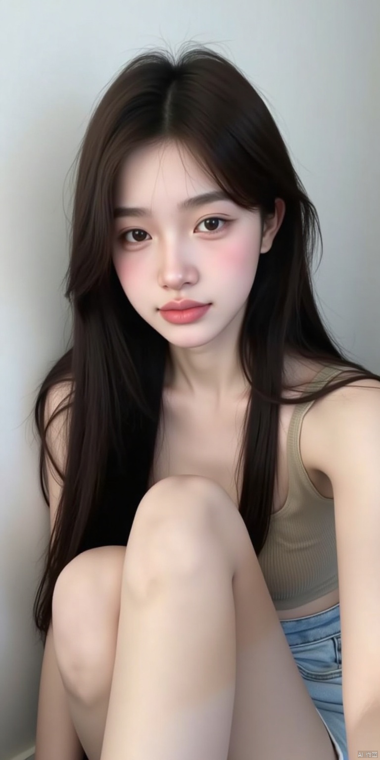 Captured in a low-angle perspective
a medium-sized Asian woman with long
dark brown hair is seated against a white wall. Her eyes are a piercing blue
and her lips are a vibrant shade of pink
adding a touch of depth to the scene.
