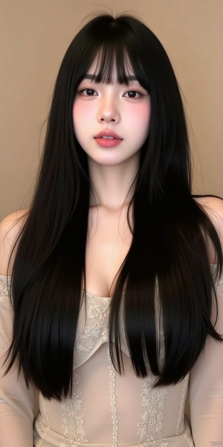 Captured in a low-angle
eye-level perspective
a medium-sized Asian woman with long
straight black hair stands in front of a beige background. 
adorned with a delicate lace pattern. Her hair cascades over her shoulders
framing her entire face.

