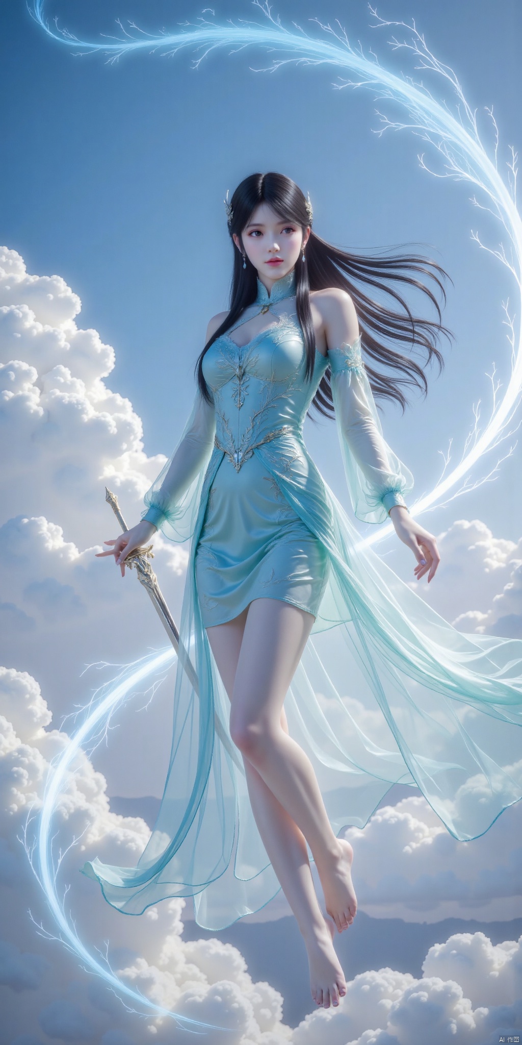 1girl, solo, long hair, blue eyes, black hair, hair ornament, dress, full body, weapon, sky, barefoot, sword, cloud, from side, blue sky, bare legs, blue dress