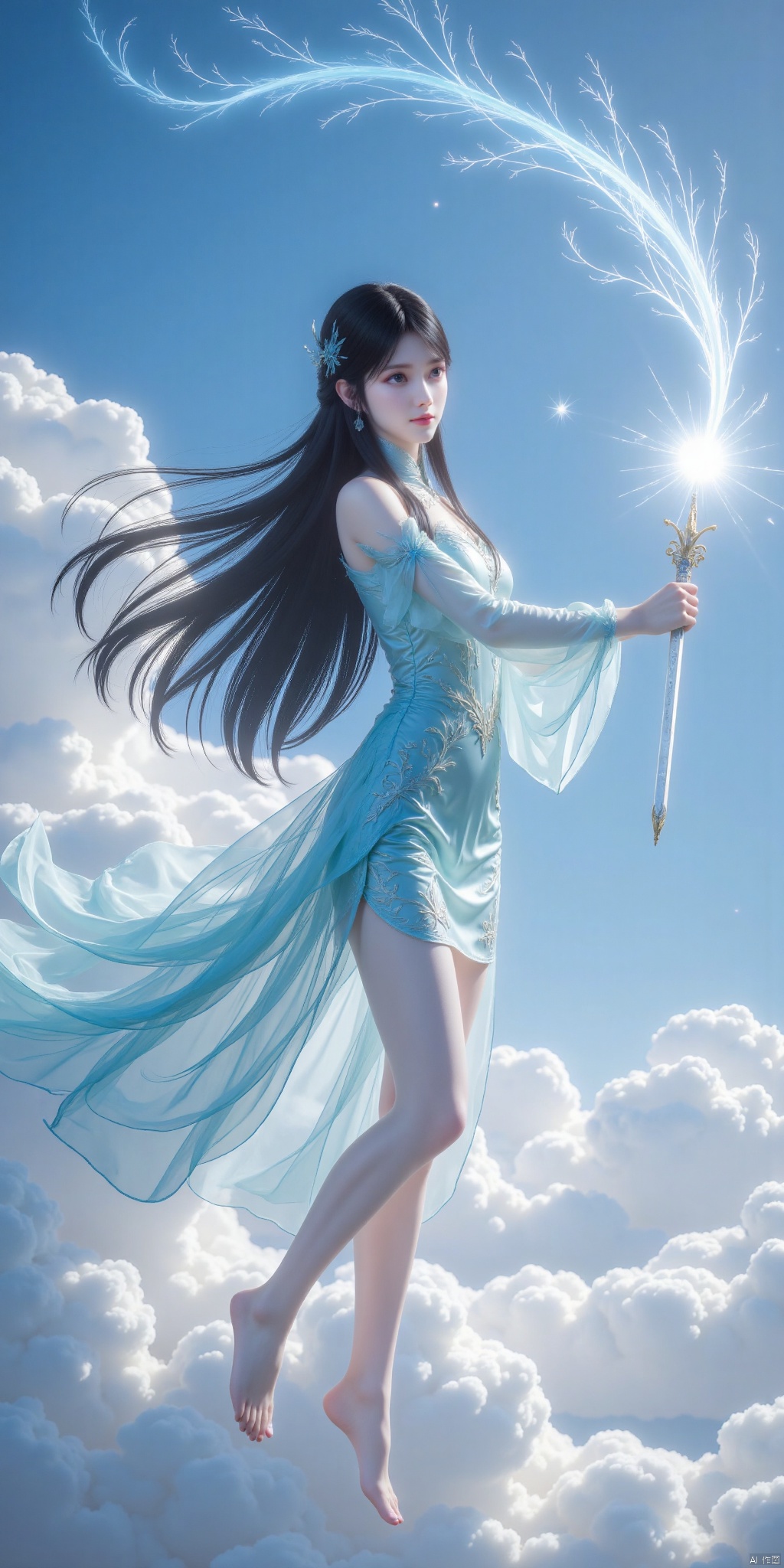 1girl, solo, long hair, blue eyes, black hair, hair ornament, dress, full body, weapon, sky, barefoot, sword, cloud, from side, blue sky, bare legs, blue dress