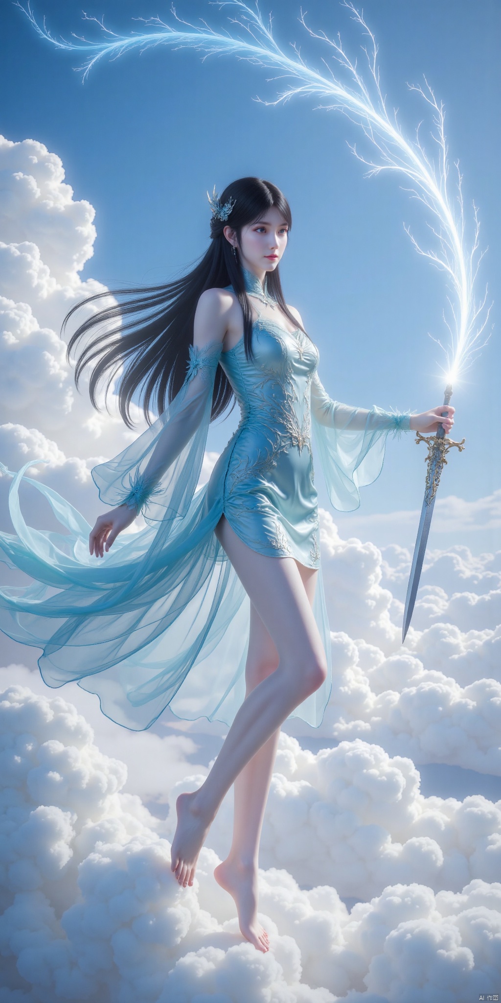 1girl, solo, long hair, blue eyes, black hair, hair ornament, dress, full body, weapon, sky, barefoot, sword, cloud, from side, blue sky, bare legs, blue dress