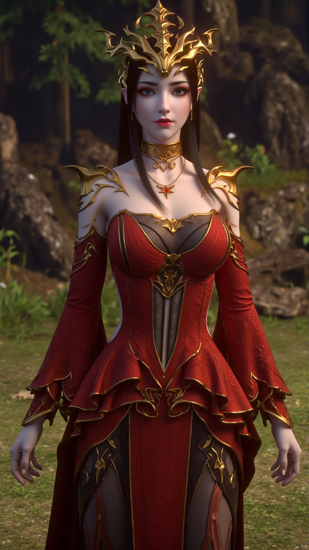 meidusha, of a fantasy character in a detailed digital artwork. This is a highly detailed digital artwork depicting a female fantasy character with a mystical and regal appearance. She stands against a natural background featuring a lush forest with green foliage and rocks, suggesting a serene, outdoor setting. The character has pale skin and long, straight black hair adorned with a golden, ornate headpiece that resembles a crown. Her eyes are a striking, vibrant blue, and she wears a serene expression with slightly parted lips.
She is dressed in an elaborate, red and gold gown with intricate patterns and designs. The dress is strapless, with a deep neckline revealing her shoulders, and features a high collar adorned with golden accents. The bodice is form-fitting, accentuating her hourglass figure, and the skirt is full and flows gracefully, with layers of red fabric and golden trim. Her sleeves are adorned with golden, arm-length gauntlets, and she wears a matching golden belt around her waist.
The background is richly detailed, with various shades of green and brown, and a few small, white flowers scattered among the foliage. The overall style of the artwork is highly detailed and realistic, with a focus on fantasy elements and intricate costume design.