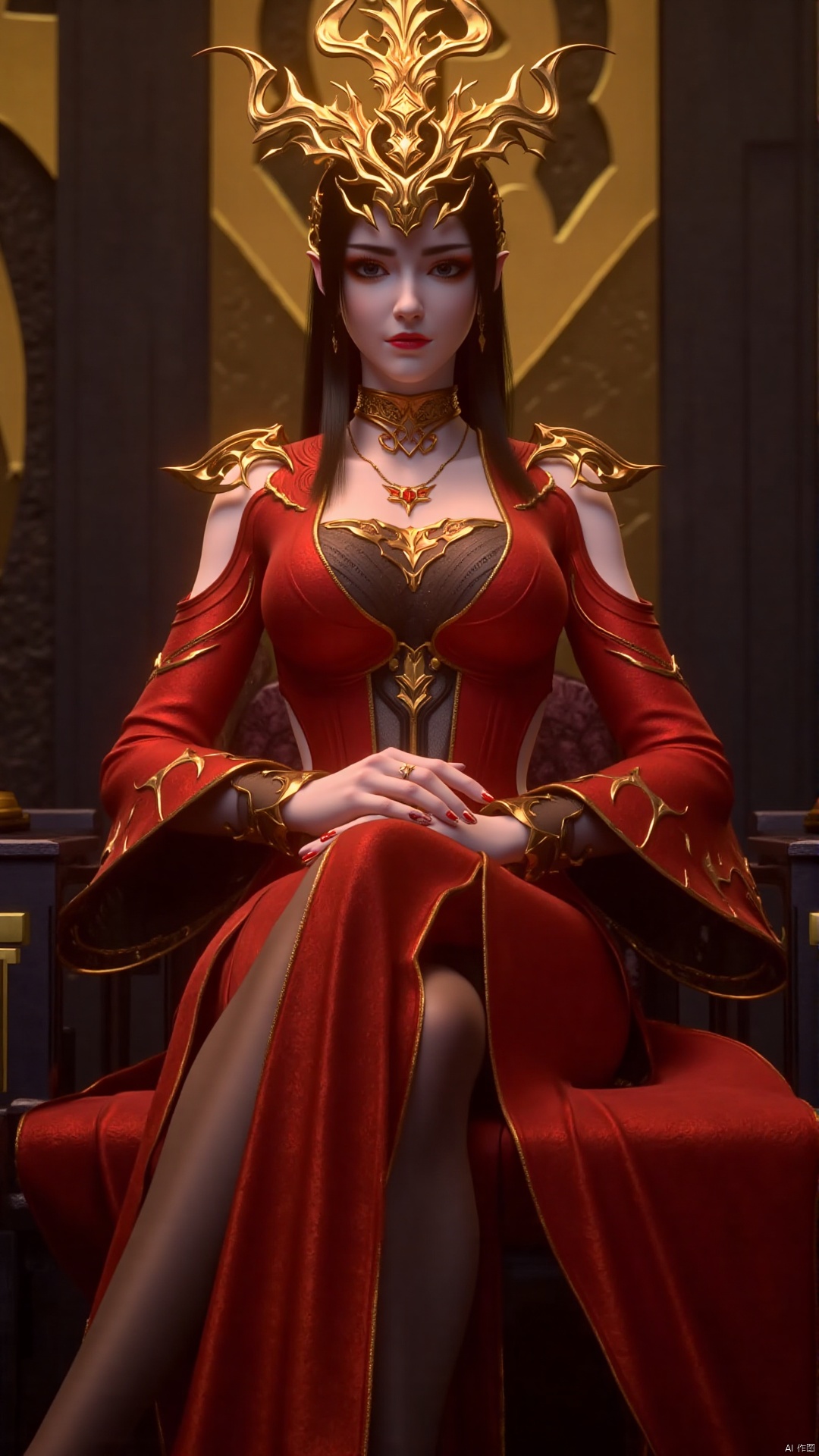 meidusha, . This is a highly detailed CGI illustration featuring a regal, ethereal female figure with an otherworldly aura. She sits majestically in a high-backed chair with a golden, ornate design. Her skin is pale, accentuating her delicate, almost porcelain features. She has long, straight black hair cascading down her back, and her expression is calm yet commanding.
Her attire is a striking combination of red and gold. She wears a luxurious, form-fitting red dress adorned with intricate golden patterns and embellishments, including a high collar and long sleeves that feature ornate designs. Her dress is complemented by a matching, voluminous red cape that drapes elegantly around her, suggesting a sense of royalty and power. 
Her accessories are equally grandiose, with a golden, intricately designed crown adorning her head, and a golden necklace and earrings enhancing her regal appearance. Her hands are elegantly poised, resting on her lap, and her legs are crossed gracefully, emphasizing her femininity.
The background is a blend of dark, textured walls and a prominent golden, abstract design that adds to the mystical atmosphere. The lighting is soft, highlighting her features and the rich textures of her attire, creating a surreal and enchanting visual.