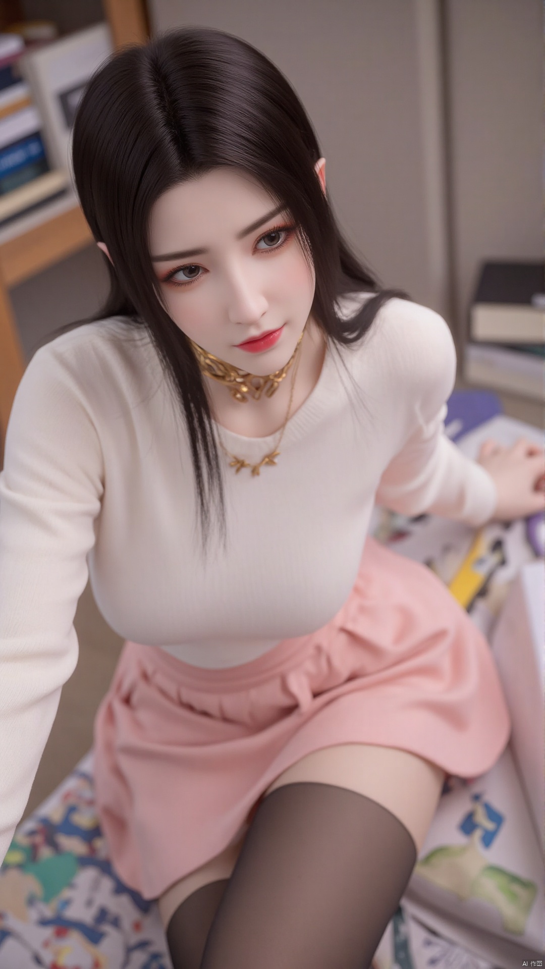 Masterpiece, best quality, high quality, (colorful), small chest, black hair, (long legs: 1.3), (thin legs: 1.3), 1girl, bangs, blurry, blurry_background, blurry_foreground, blush, book, breasts, brown_eyes, closed_mouth, collarbone, depth_of_field, eyebrows_visible_through_hair, long_sleeves, looking_at_viewer, outstretched_arm, selfie, pink skirt, smile, solo, white sweater, thighhighs