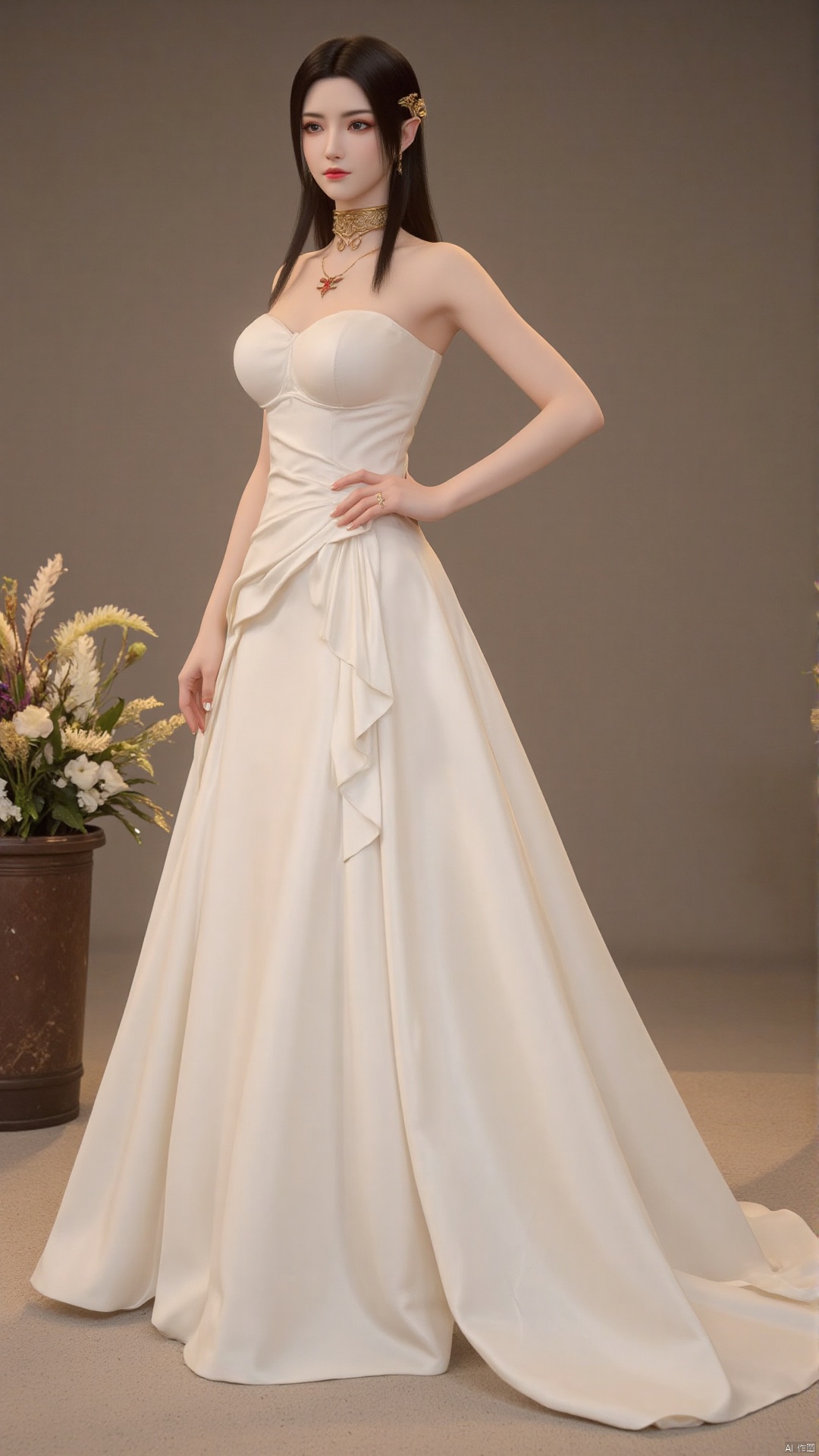 1 girl, Cowboy shot of a bride in a luxurious ivory wedding gown. Elegant, ball-gown style with a sweetheart neckline. Delicate, The fabric appears smooth and satin-like, with a soft sheen. creating a detailed and feminine aesthetic. The image demonstrates a high level of detail, craftsmanship, and design.