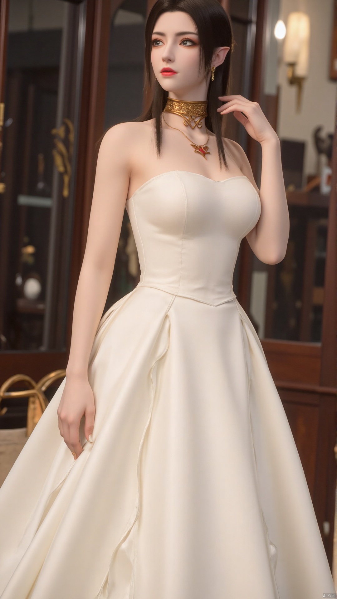 1 girl, Cowboy shot of a bride in a luxurious ivory wedding gown. Elegant, ball-gown style with a sweetheart neckline. Delicate, The fabric appears smooth and satin-like, with a soft sheen. creating a detailed and feminine aesthetic. The image demonstrates a high level of detail, craftsmanship, and design.