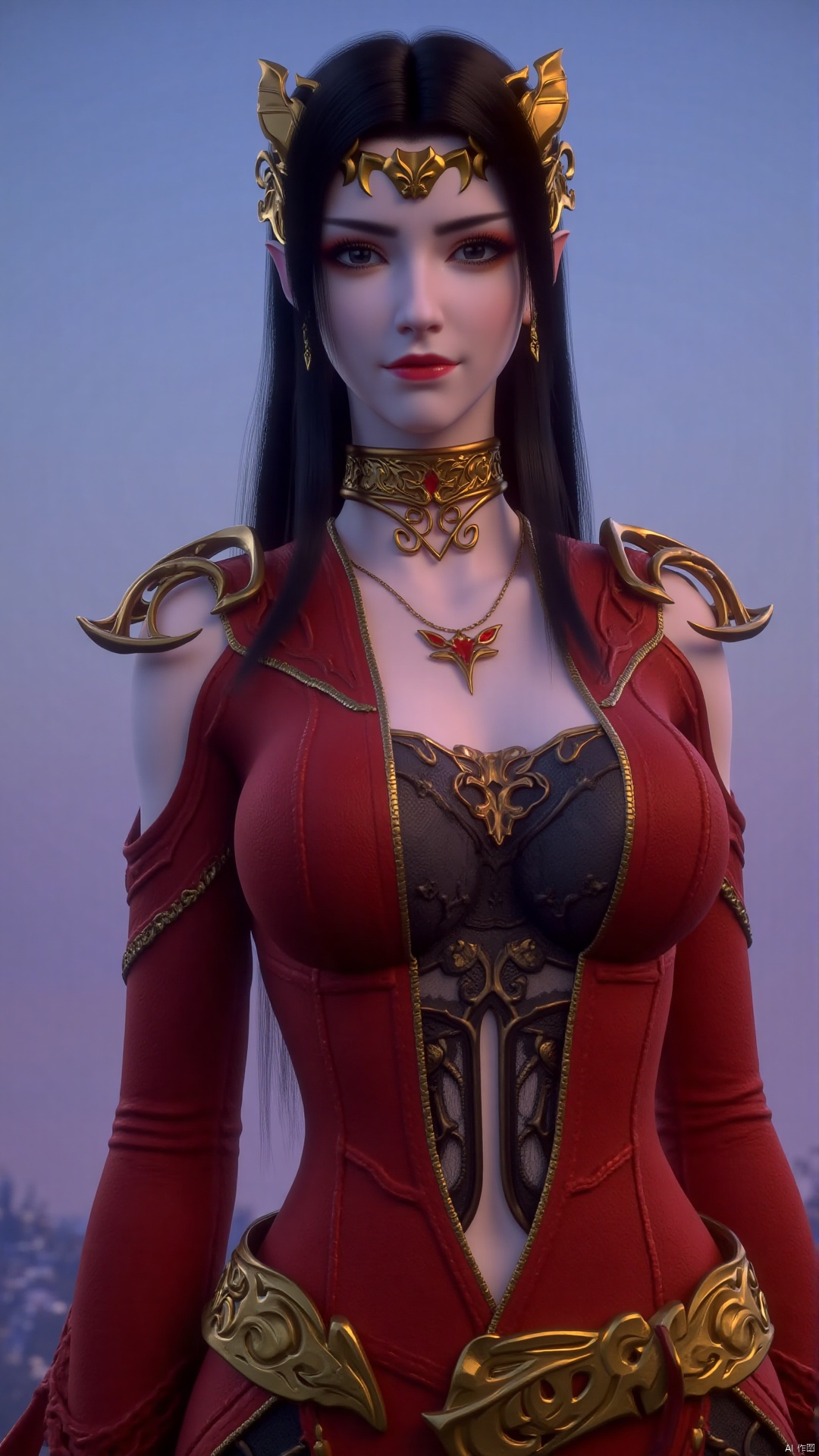 meidusha, of a digital artwork. The image is a highly detailed CGI (computer-generated imagery) rendering featuring a female character with a fair skin tone and long, straight black hair. She has a confident and composed expression with her lips slightly parted, accentuating her full, red lips. Her eyes are large and almond-shaped, giving her a striking appearance. 
She is adorned in an elaborate, fantasy-style outfit that includes a deep red, off-shoulder top with intricate gold detailing around the neckline and sleeves. The top has a plunging V-neckline that reveals a portion of her upper chest. Her lower garment is a matching red, high-waisted skirt with a wide, decorative gold belt. The character also wears a golden headdress with intricate, floral designs, and gold earrings that match the headdress. 
The background is a gradient of soft blues and purples, suggesting a twilight or dawn sky, with no distinct objects or structures visible, allowing the focus to remain on the character. The overall style of the artwork is realistic with a slight emphasis on fantasy elements, characterized by the intricate, ornate design of the character's outfit and accessories.