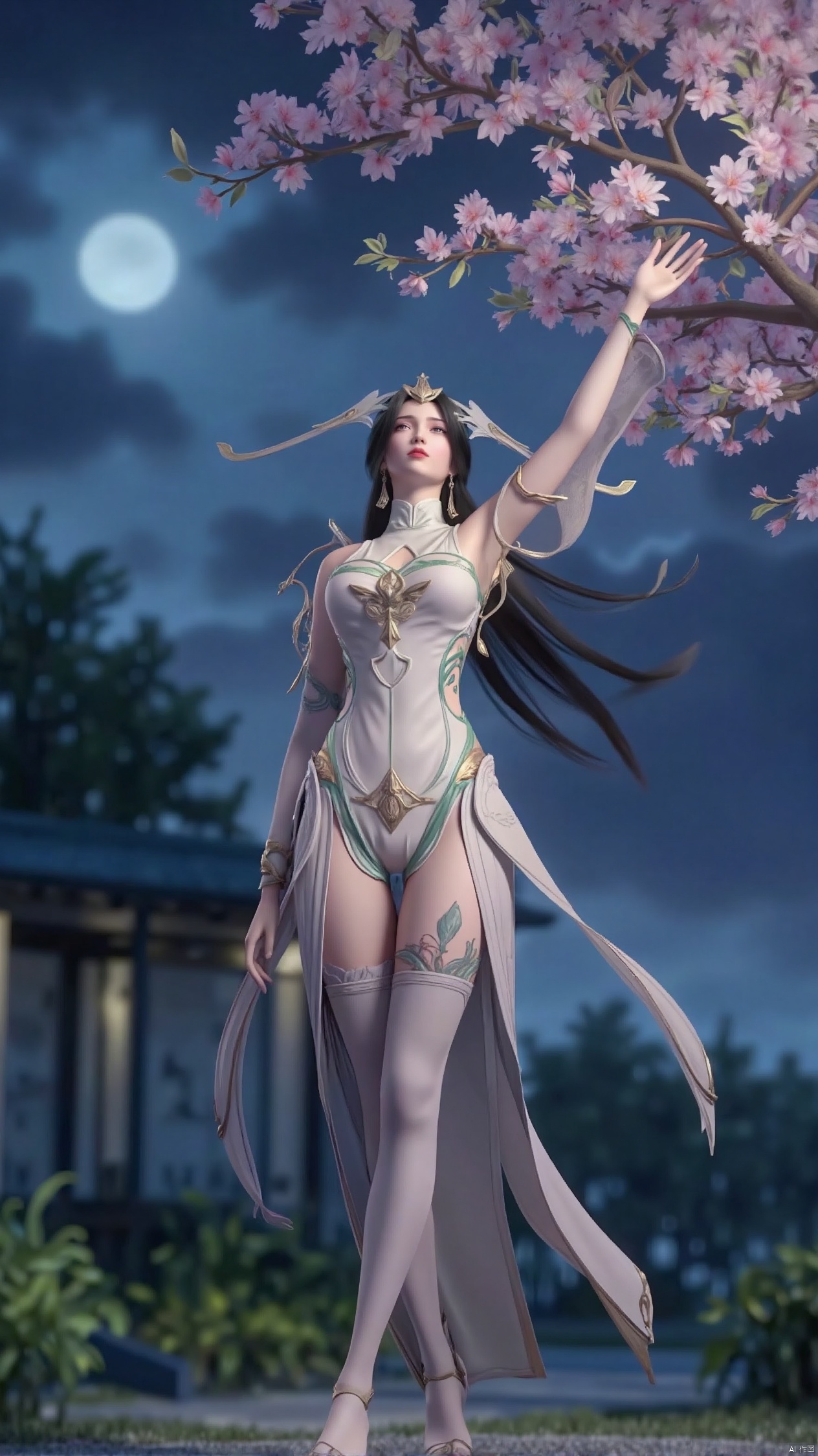 Against the moonlit backdrop of the royal garden, a girl with long, straight black hair stood, one leg bent over her knee, the other out, as if ready to jump. She wore a modern qipao, a high-necked crop top and a short, flowing skirt that accentuated her thighs. The dragon tattoo on her thigh glistens in the moonlight, and as she reaches out to pluck a flower from a cherry tree, her gesture blends serene grace with subtle power.