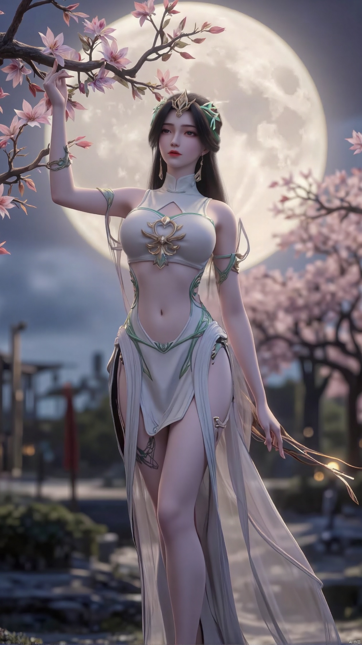 Against the moonlit backdrop of the royal garden, a girl with long, straight black hair stood, one leg bent over her knee, the other out, as if ready to jump. She wore a modern qipao, a high-necked crop top and a short, flowing skirt that accentuated her thighs. The dragon tattoo on her thigh glistens in the moonlight, and as she reaches out to pluck a flower from a cherry tree, her gesture blends serene grace with subtle power.