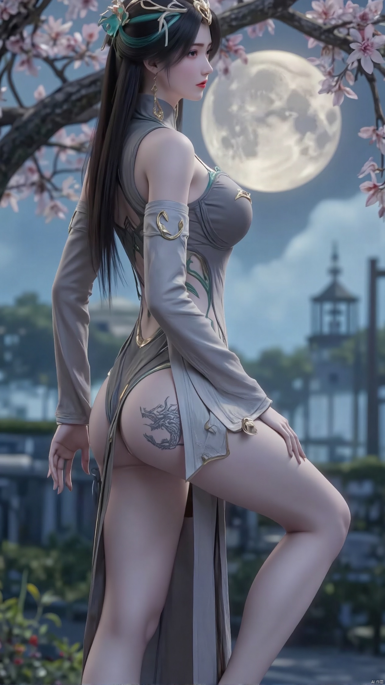 Against the moonlit backdrop of the royal garden, a girl with long, straight black hair stood, one leg bent over her knee, the other out, as if ready to jump. She wore a modern qipao, a high-necked crop top and a short, flowing skirt that accentuated her thighs. The dragon tattoo on her thigh glistens in the moonlight, and as she reaches out to pluck a flower from a cherry tree, her gesture blends serene grace with subtle power.