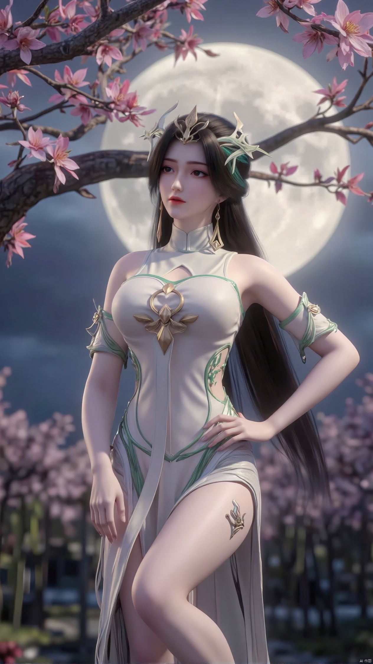 Against the moonlit backdrop of the royal garden, a girl with long, straight black hair stood, one leg bent over her knee, the other out, as if ready to jump. She wore a modern qipao, a high-necked crop top and a short, flowing skirt that accentuated her thighs. The dragon tattoo on her thigh glistens in the moonlight, and as she reaches out to pluck a flower from a cherry tree, her gesture blends serene grace with subtle power.