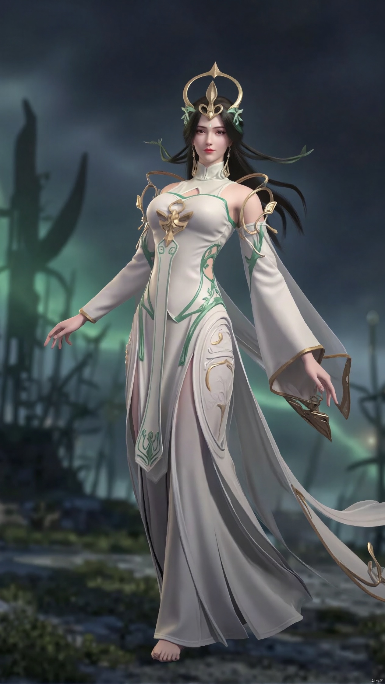 The image is a digital illustration of a female character in a fantasy setting
She is wearing a long, flowing white dress with gold accents and a crown on her head
The dress has a high neckline and long sleeves, and the skirt is flowing in the wind
The woman has long dark hair that is styled in loose waves and cascades down her back
She has a fierce expression on her face and is holding a large, ornate sword in her right hand
The background is a dark, foggy landscape with a hint of green and blue
The overall mood of the image is mystical and powerful.