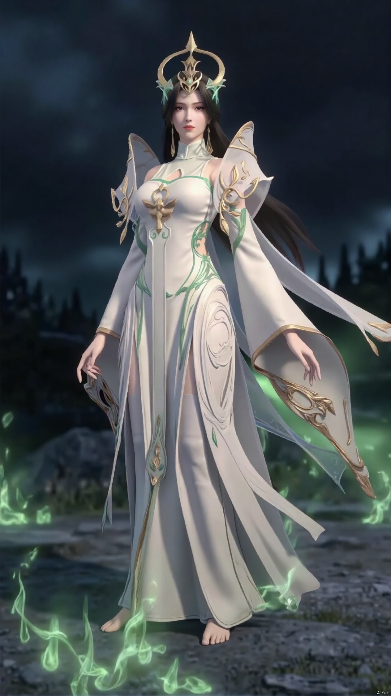 The image is a digital illustration of a female character in a fantasy setting
She is wearing a long, flowing white dress with gold accents and a crown on her head
The dress has a high neckline and long sleeves, and the skirt is flowing in the wind
The woman has long dark hair that is styled in loose waves and cascades down her back
She has a fierce expression on her face and is holding a large, ornate sword in her right hand
The background is a dark, foggy landscape with a hint of green and blue
The overall mood of the image is mystical and powerful.