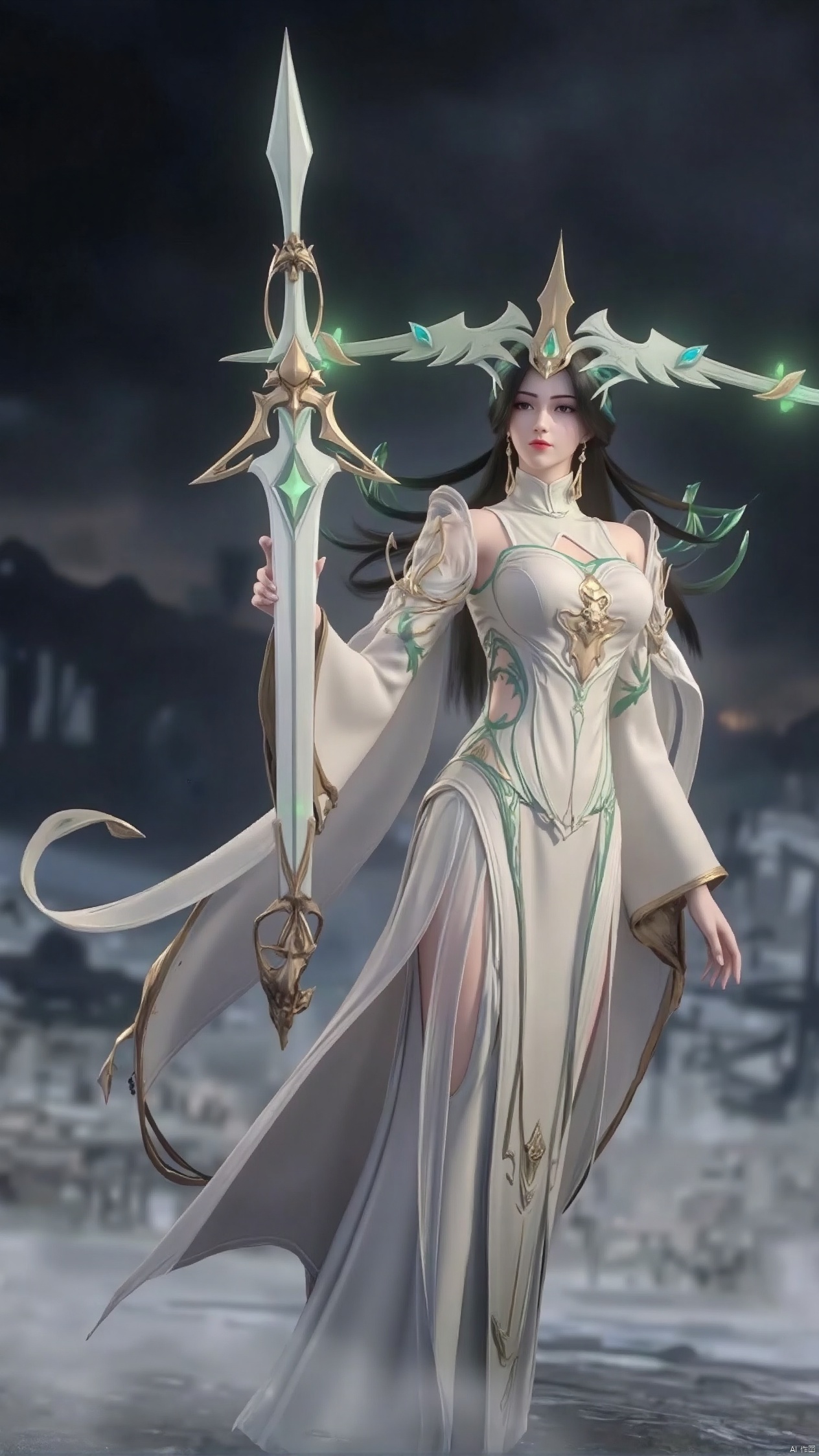 The image is a digital illustration of a female character in a fantasy setting
She is wearing a long, flowing white dress with gold accents and a crown on her head
The dress has a high neckline and long sleeves, and the skirt is flowing in the wind
The woman has long dark hair that is styled in loose waves and cascades down her back
She has a fierce expression on her face and is holding a large, ornate sword in her right hand
The background is a dark, foggy landscape with a hint of green and blue
The overall mood of the image is mystical and powerful.