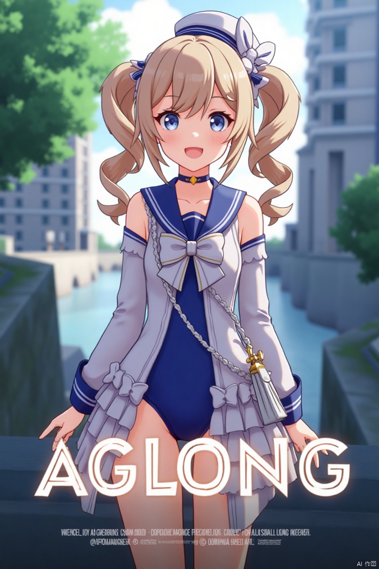 A cinematic movie poster featuring 1girl, solo, with long light brown hair styled in twin drills, sidelocks, and twintails, adorned with a hair ornament and a sailor hat. She has blue eyes, bangs, and a cheerful smile with an open mouth, looking directly at the viewer. She wears a blue one-piece swimsuit with a sailor collar, detached sleeves, long sleeves, a bow, and a choker, with a covered navel. She holds a handbag and stands in a dynamic pose. The background is detailed with a poster theme, cinematic lighting, high contrast, and sharp focus, creating a dramatic atmosphere. Three-dimensional text AGlong is centered below.