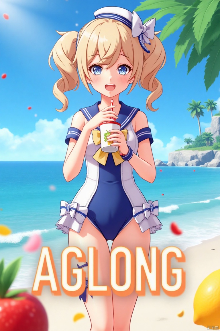 A cinematic movie poster featuring 1girl with a blush, smiling with an open mouth, blue eyes, and blonde hair in twintails, wearing a one-piece swimsuit with a sailor collar, detached sleeves, and a sailor hat with a bow. She is holding a cup with a drinking straw, set outdoors on a beach with a blue sky, ocean, and fruit scattered around. The dynamic composition includes a detailed background with a poster theme, cinematic lighting, high contrast, sharp focus, and a dramatic atmosphere. Three-dimensional text AGlong is placed prominently in the middle below, enhancing the cinematic and dramatic visual impact.