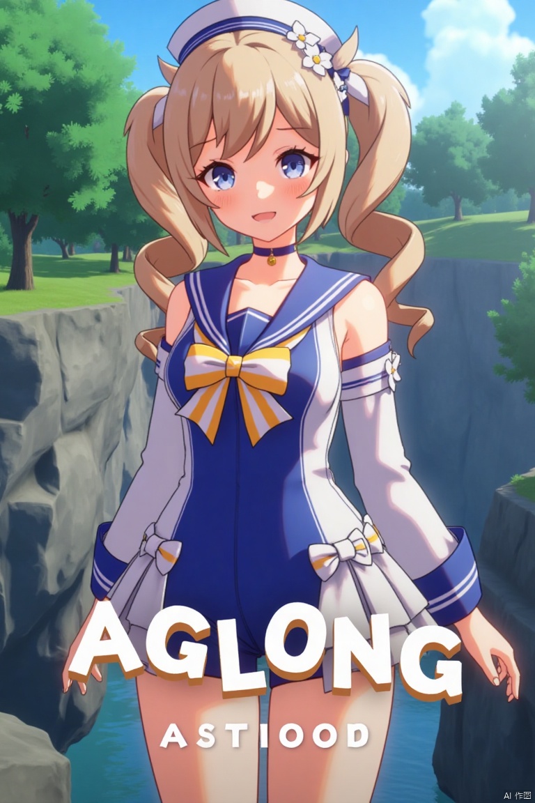 A cinematic movie poster featuring 1girl, solo, with long light brown hair styled in twin drills, sidelocks, and twintails, adorned with a hair ornament and a sailor hat. She has blue eyes, bangs, and a cheerful smile with an open mouth, looking directly at the viewer. She wears a blue one-piece swimsuit with a sailor collar, detached sleeves, long sleeves, a bow, and a choker, with a covered navel. She holds a handbag and stands in a dynamic pose. The background is detailed with a poster theme, cinematic lighting, high contrast, and sharp focus, creating a dramatic atmosphere. Three-dimensional text AGlong is centered below.