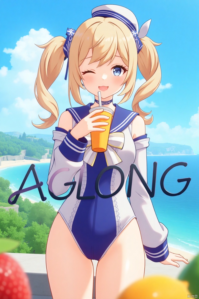 A cinematic movie poster featuring 1girl, solo, with long blonde hair styled in twin drills and twintails, adorned with a hair ornament and a sailor hat. She has blue eyes, a blush, and a cheerful smile with an open mouth, one eye closed, looking directly at the viewer. She wears a blue one-piece swimsuit with a sailor collar, detached sleeves, long sleeves, and a bow. She holds a cup with a drinking straw, surrounded by fruit, standing outdoors on a beach with the ocean and blue sky in the background. The composition is dynamic, with cinematic lighting, high contrast, sharp focus, and a dramatic atmosphere. Three-dimensional text AGlong is centered below.