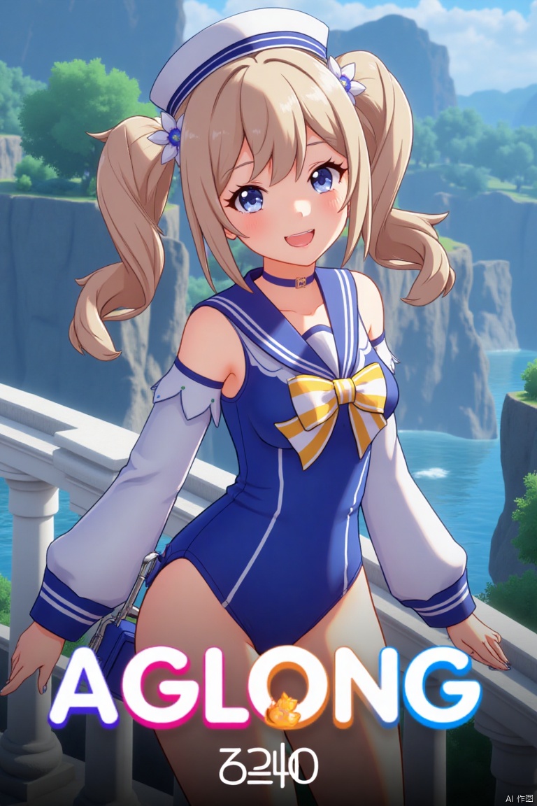 A cinematic movie poster featuring 1girl, solo, with long light brown hair styled in twin drills, sidelocks, and twintails, adorned with a hair ornament and a sailor hat. She has blue eyes, bangs, and a cheerful smile with an open mouth, looking directly at the viewer. She wears a blue one-piece swimsuit with a sailor collar, detached sleeves, long sleeves, a bow, and a choker, with a covered navel. She holds a handbag and stands in a dynamic pose. The background is detailed with a poster theme, cinematic lighting, high contrast, and sharp focus, creating a dramatic atmosphere. Three-dimensional text AGlong is centered below.