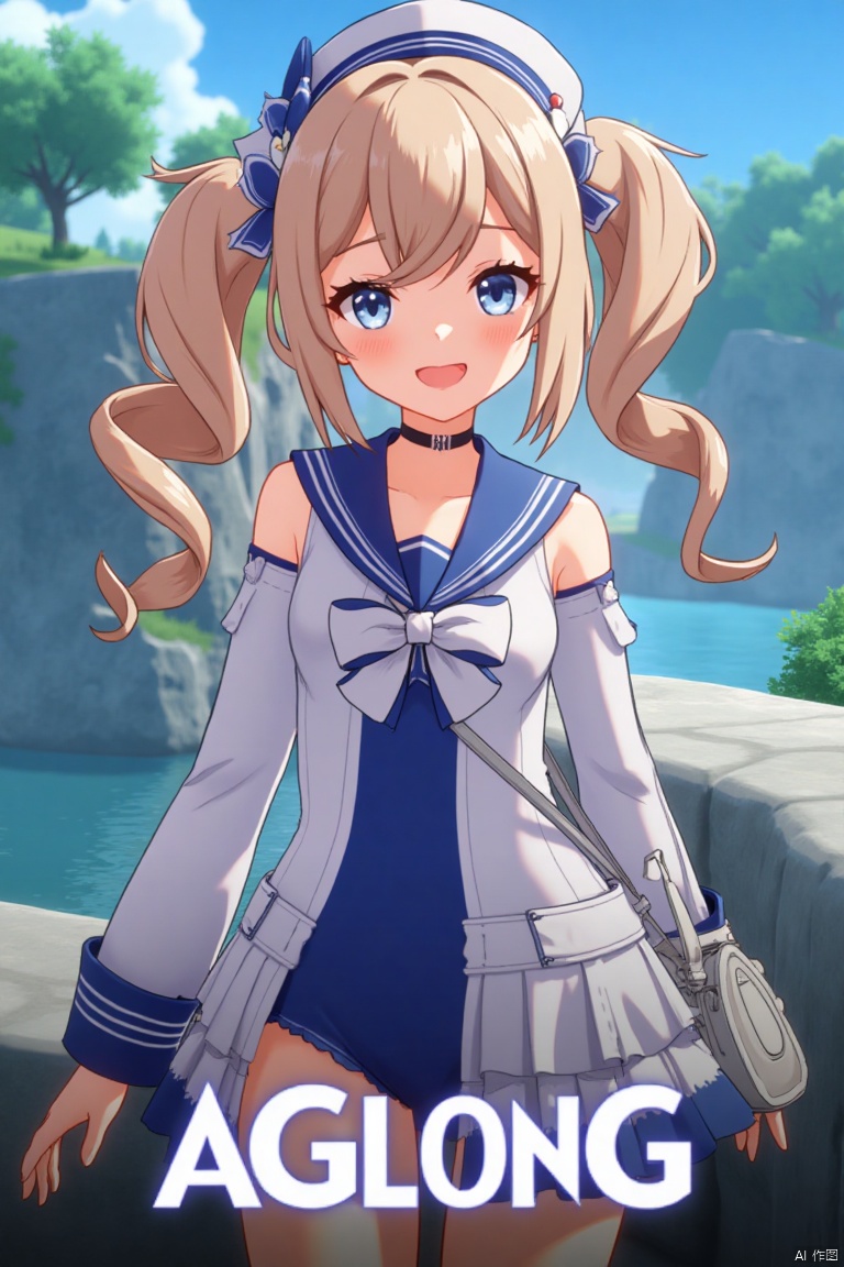 A cinematic movie poster featuring 1girl, solo, with long light brown hair styled in twin drills, sidelocks, and twintails, adorned with a hair ornament and a sailor hat. She has blue eyes, bangs, and a cheerful smile with an open mouth, looking directly at the viewer. She wears a blue one-piece swimsuit with a sailor collar, detached sleeves, long sleeves, a bow, and a choker, with a covered navel. She holds a handbag and stands in a dynamic pose. The background is detailed with a poster theme, cinematic lighting, high contrast, and sharp focus, creating a dramatic atmosphere. Three-dimensional text AGlong is centered below.