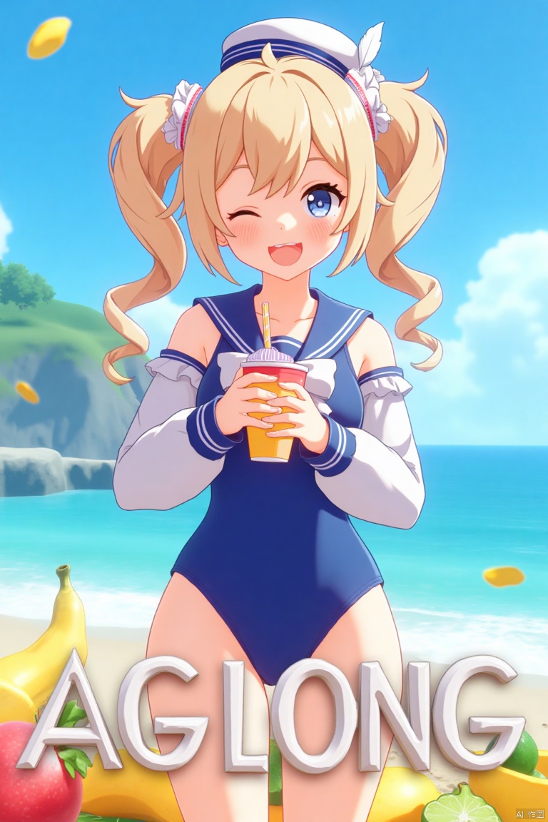 A cinematic movie poster featuring 1girl, solo, with long blonde hair styled in twin drills and twintails, adorned with a hair ornament and a sailor hat. She has blue eyes, a blush, and a cheerful smile with an open mouth, one eye closed, looking directly at the viewer. She wears a blue one-piece swimsuit with a sailor collar, detached sleeves, long sleeves, and a bow. She holds a cup with a drinking straw, surrounded by fruit, standing outdoors on a beach with the ocean and blue sky in the background. The composition is dynamic, with cinematic lighting, high contrast, sharp focus, and a dramatic atmosphere. Three-dimensional text AGlong is centered below.