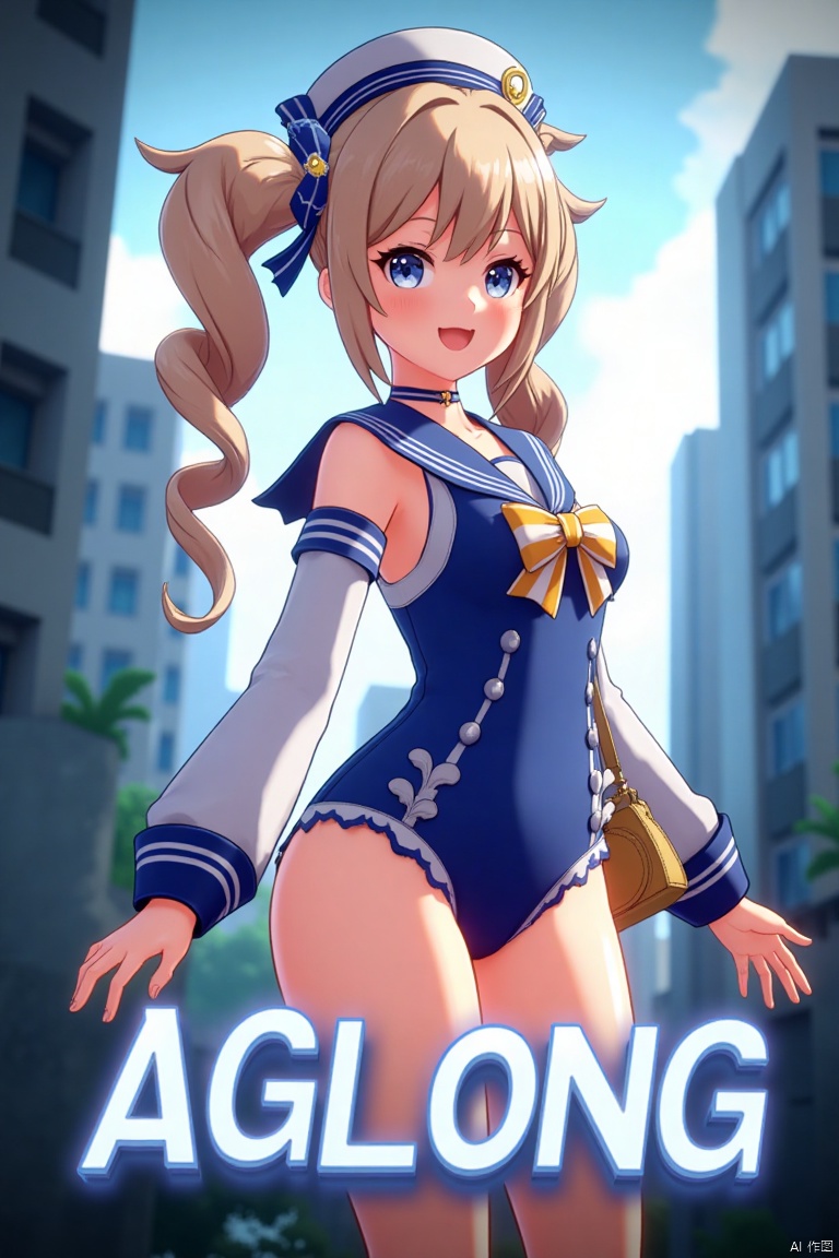 A cinematic movie poster featuring 1girl, solo, with long light brown hair styled in twin drills, sidelocks, and twintails, adorned with a hair ornament and a sailor hat. She has blue eyes, bangs, and a cheerful smile with an open mouth, looking directly at the viewer. She wears a blue one-piece swimsuit with a sailor collar, detached sleeves, long sleeves, a bow, and a choker, with a covered navel. She holds a handbag and stands in a dynamic pose. The background is detailed with a poster theme, cinematic lighting, high contrast, and sharp focus, creating a dramatic atmosphere. Three-dimensional text AGlong is centered below.