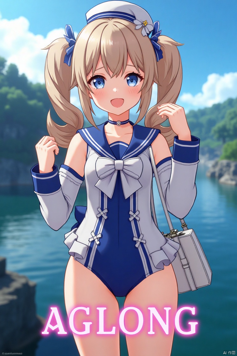 A cinematic movie poster featuring 1girl, solo, with long light brown hair styled in twin drills, sidelocks, and twintails, adorned with a hair ornament and a sailor hat. She has blue eyes, bangs, and a cheerful smile with an open mouth, looking directly at the viewer. She wears a blue one-piece swimsuit with a sailor collar, detached sleeves, long sleeves, a bow, and a choker, with a covered navel. She holds a handbag and stands in a dynamic pose. The background is detailed with a poster theme, cinematic lighting, high contrast, and sharp focus, creating a dramatic atmosphere. Three-dimensional text AGlong is centered below.