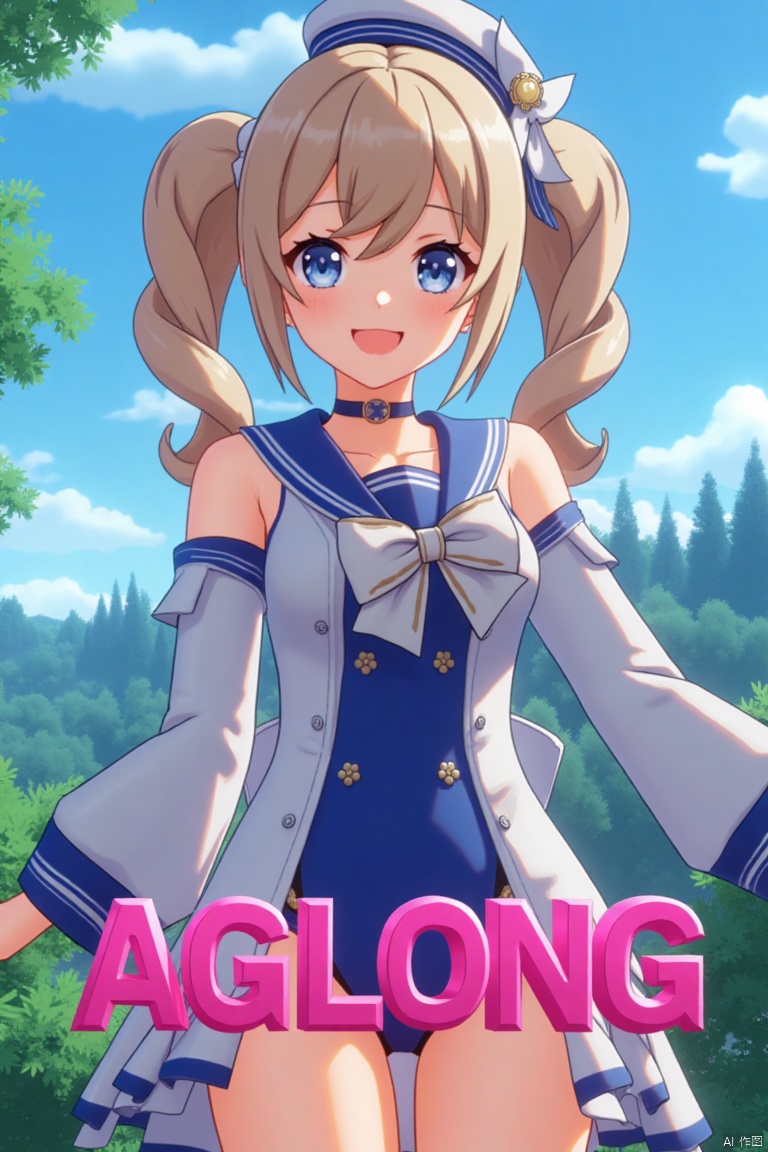 A cinematic movie poster featuring 1girl, solo, with long light brown hair styled in twin drills, sidelocks, and twintails, adorned with a hair ornament and a sailor hat. She has blue eyes, bangs, and a cheerful smile with an open mouth, looking directly at the viewer. She wears a blue one-piece swimsuit with a sailor collar, detached sleeves, long sleeves, a bow, and a choker, with a covered navel. She holds a handbag and stands in a dynamic pose. The background is detailed with a poster theme, cinematic lighting, high contrast, and sharp focus, creating a dramatic atmosphere. Three-dimensional text AGlong is centered below.