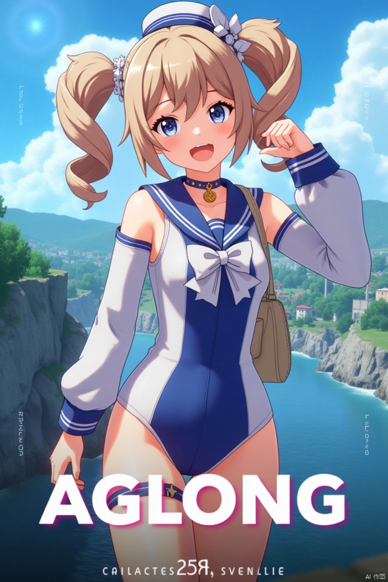 A cinematic movie poster featuring 1girl, solo, with long light brown hair styled in twin drills, sidelocks, and twintails, adorned with a hair ornament and a sailor hat. She has blue eyes, bangs, and a cheerful smile with an open mouth, looking directly at the viewer. She wears a blue one-piece swimsuit with a sailor collar, detached sleeves, long sleeves, a bow, and a choker, with a covered navel. She holds a handbag and stands in a dynamic pose. The background is detailed with a poster theme, cinematic lighting, high contrast, and sharp focus, creating a dramatic atmosphere. Three-dimensional text AGlong is centered below.