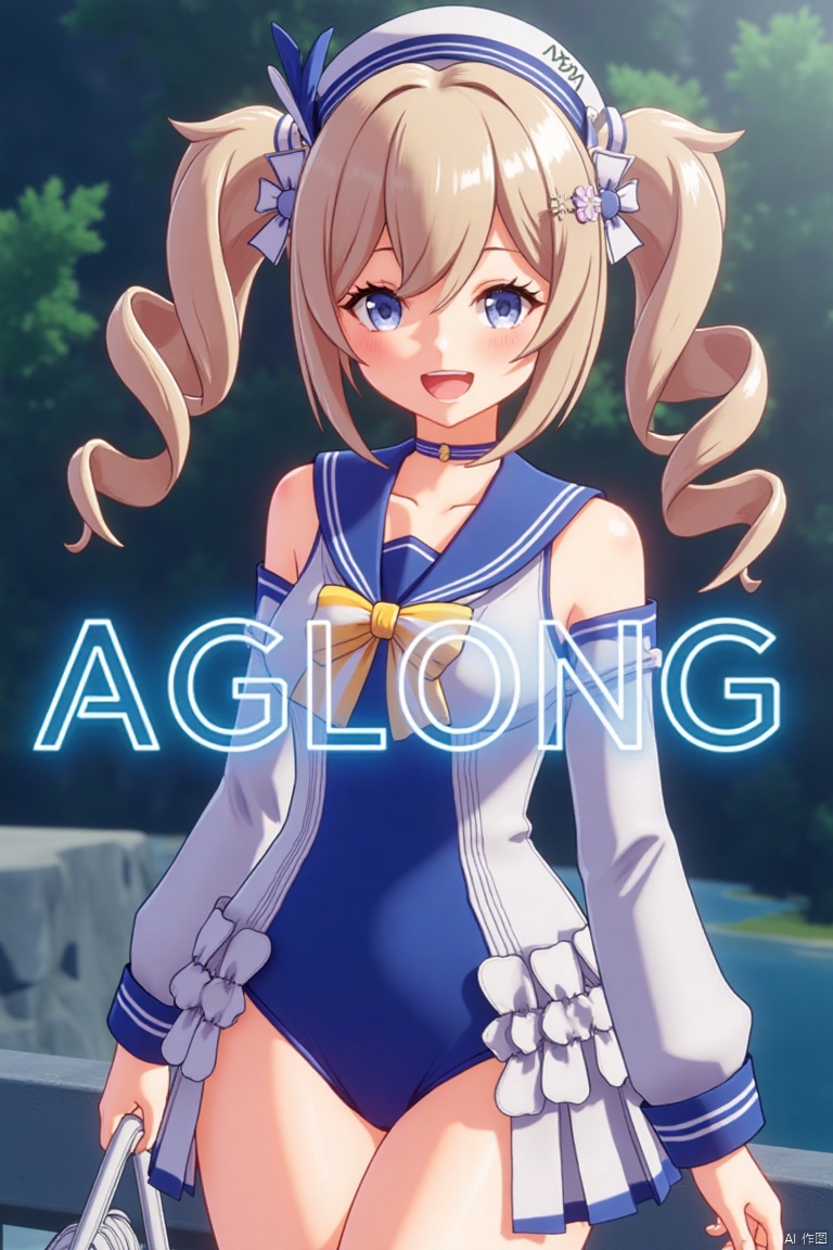A cinematic movie poster featuring 1girl, solo, with long light brown hair styled in twin drills, sidelocks, and twintails, adorned with a hair ornament and a sailor hat. She has blue eyes, bangs, and a cheerful smile with an open mouth, looking directly at the viewer. She wears a blue one-piece swimsuit with a sailor collar, detached sleeves, long sleeves, a bow, and a choker, with a covered navel. She holds a handbag and stands in a dynamic pose. The background is detailed with a poster theme, cinematic lighting, high contrast, and sharp focus, creating a dramatic atmosphere. Three-dimensional text AGlong is centered below.