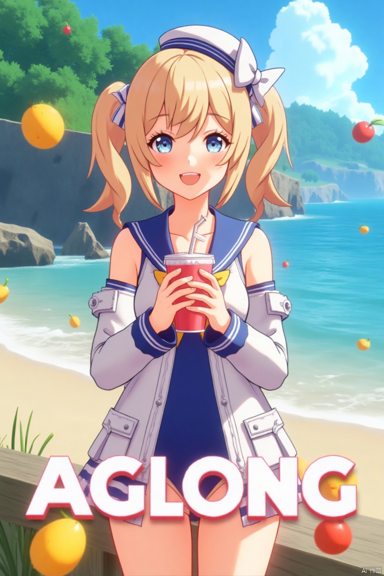 A cinematic movie poster featuring 1girl with a blush, smiling with an open mouth, blue eyes, and blonde hair in twintails, wearing a one-piece swimsuit with a sailor collar, detached sleeves, and a sailor hat with a bow. She is holding a cup with a drinking straw, set outdoors on a beach with a blue sky, ocean, and fruit scattered around. The dynamic composition includes a detailed background with a poster theme, cinematic lighting, high contrast, sharp focus, and a dramatic atmosphere. Three-dimensional text AGlong is placed prominently in the middle below, enhancing the cinematic and dramatic visual impact.