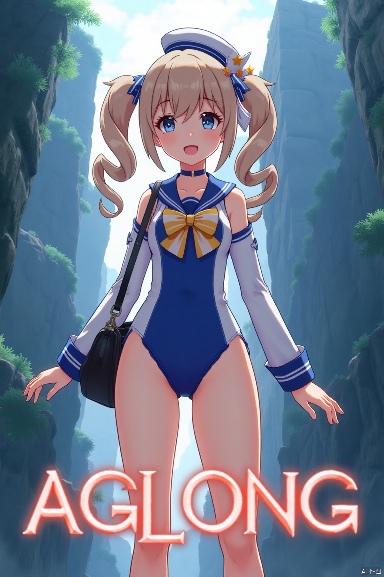 A cinematic movie poster featuring 1girl, solo, with long light brown hair styled in twin drills, sidelocks, and twintails, adorned with a hair ornament and a sailor hat. She has blue eyes, bangs, and a cheerful smile with an open mouth, looking directly at the viewer. She wears a blue one-piece swimsuit with a sailor collar, detached sleeves, long sleeves, a bow, and a choker, with a covered navel. She holds a handbag and stands in a dynamic pose. The background is detailed with a poster theme, cinematic lighting, high contrast, and sharp focus, creating a dramatic atmosphere. Three-dimensional text AGlong is centered below.