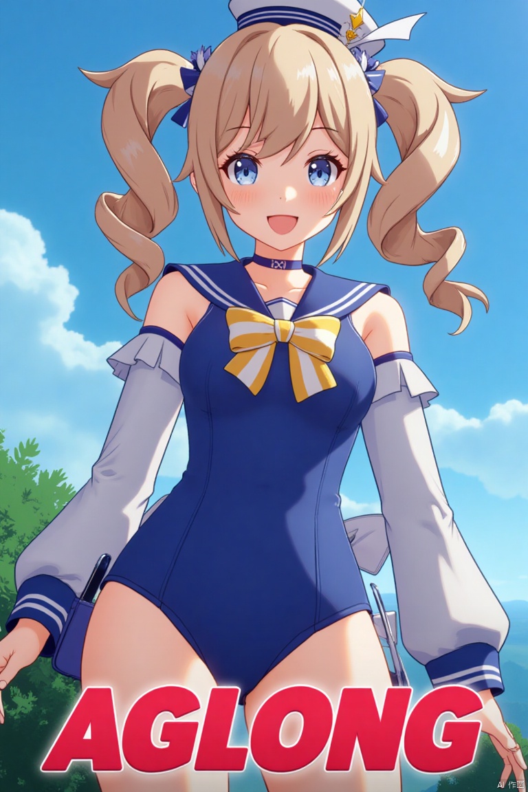 A cinematic movie poster featuring 1girl, solo, with long light brown hair styled in twin drills, sidelocks, and twintails, adorned with a hair ornament and a sailor hat. She has blue eyes, bangs, and a cheerful smile with an open mouth, looking directly at the viewer. She wears a blue one-piece swimsuit with a sailor collar, detached sleeves, long sleeves, a bow, and a choker, with a covered navel. She holds a handbag and stands in a dynamic pose. The background is detailed with a poster theme, cinematic lighting, high contrast, and sharp focus, creating a dramatic atmosphere. Three-dimensional text AGlong is centered below.