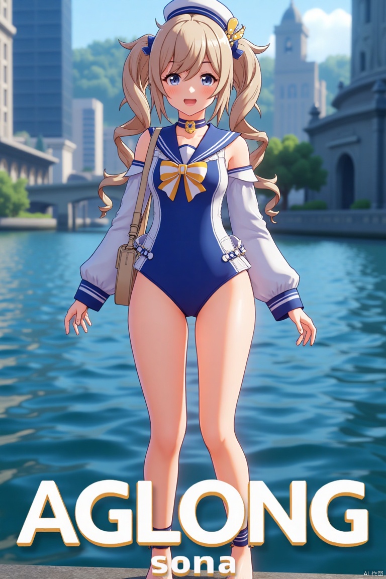 A cinematic movie poster featuring 1girl, solo, with long light brown hair styled in twin drills, sidelocks, and twintails, adorned with a hair ornament and a sailor hat. She has blue eyes, bangs, and a cheerful smile with an open mouth, looking directly at the viewer. She wears a blue one-piece swimsuit with a sailor collar, detached sleeves, long sleeves, a bow, and a choker, with a covered navel. She holds a handbag and stands in a dynamic pose. The background is detailed with a poster theme, cinematic lighting, high contrast, and sharp focus, creating a dramatic atmosphere. Three-dimensional text AGlong is centered below.