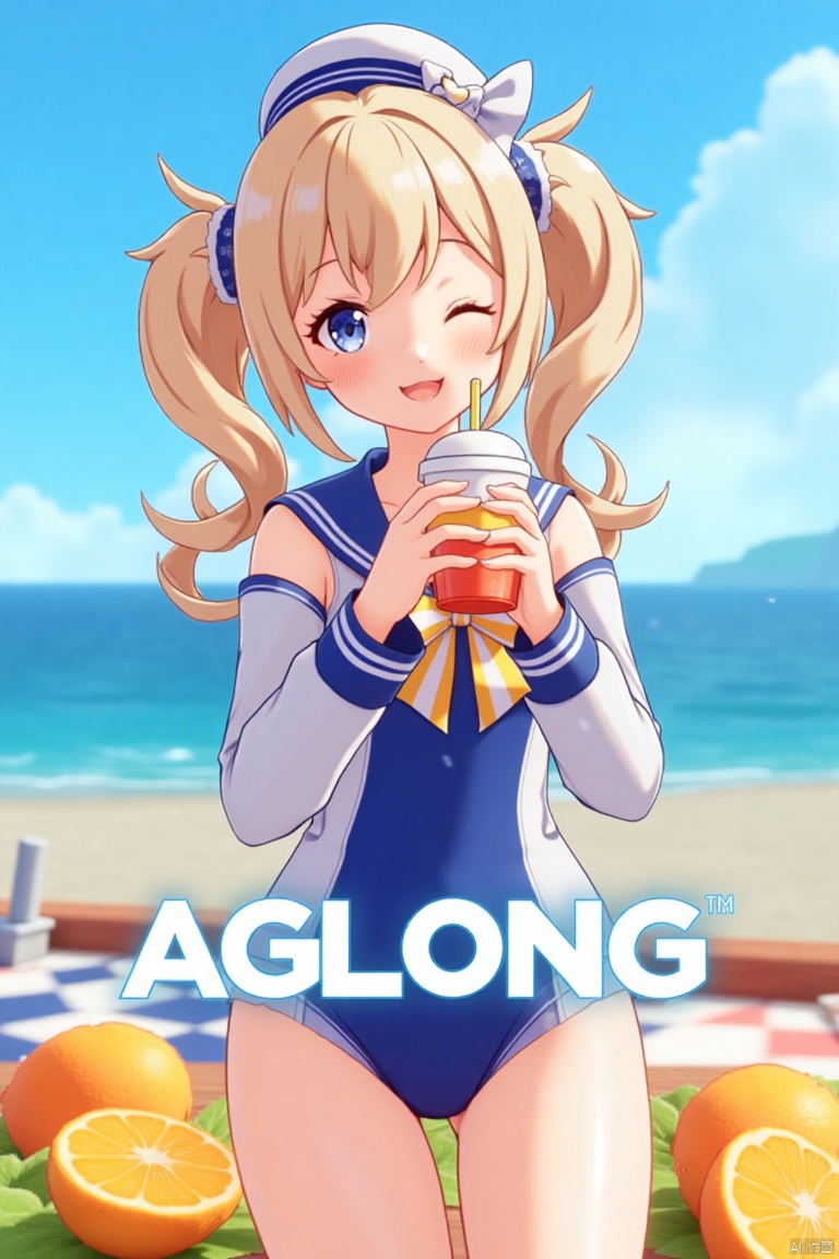 A cinematic movie poster featuring 1girl, solo, with long blonde hair styled in twin drills and twintails, adorned with a hair ornament and a sailor hat. She has blue eyes, a blush, and a cheerful smile with an open mouth, one eye closed, looking directly at the viewer. She wears a blue one-piece swimsuit with a sailor collar, detached sleeves, long sleeves, and a bow. She holds a cup with a drinking straw, surrounded by fruit, standing outdoors on a beach with the ocean and blue sky in the background. The composition is dynamic, with cinematic lighting, high contrast, sharp focus, and a dramatic atmosphere. Three-dimensional text AGlong is centered below.