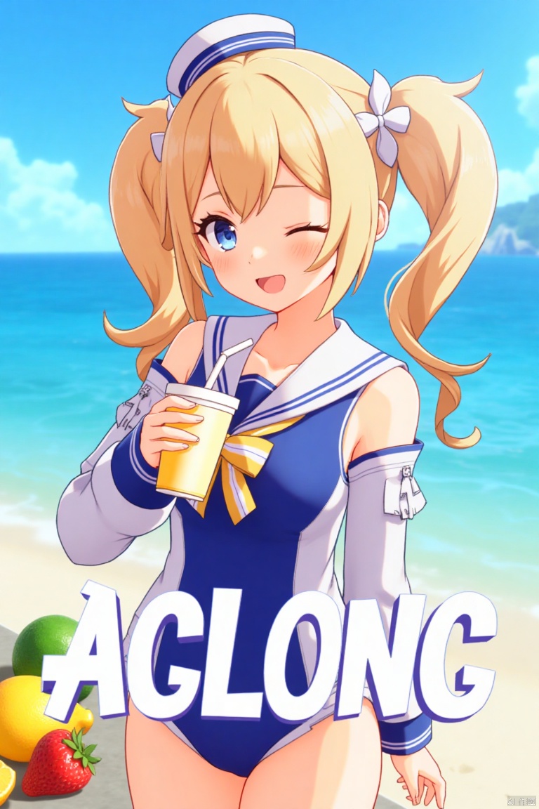 A cinematic movie poster featuring 1girl, solo, with long blonde hair styled in twin drills and twintails, adorned with a hair ornament and a sailor hat. She has blue eyes, a blush, and a cheerful smile with an open mouth, one eye closed, looking directly at the viewer. She wears a blue one-piece swimsuit with a sailor collar, detached sleeves, long sleeves, and a bow. She holds a cup with a drinking straw, surrounded by fruit, standing outdoors on a beach with the ocean and blue sky in the background. The composition is dynamic, with cinematic lighting, high contrast, sharp focus, and a dramatic atmosphere. Three-dimensional text AGlong is centered below.