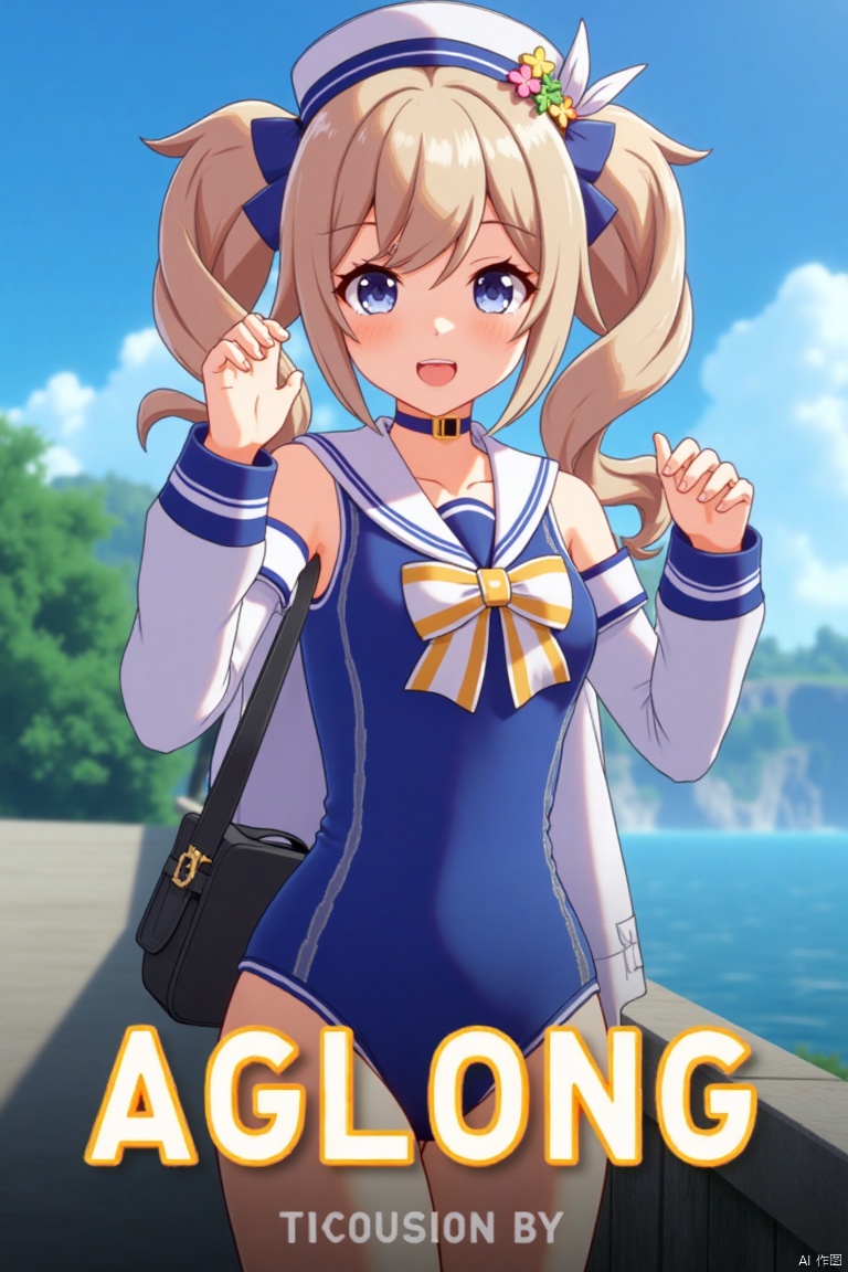 A cinematic movie poster featuring 1girl, solo, with long light brown hair styled in twin drills, sidelocks, and twintails, adorned with a hair ornament and a sailor hat. She has blue eyes, bangs, and a cheerful smile with an open mouth, looking directly at the viewer. She wears a blue one-piece swimsuit with a sailor collar, detached sleeves, long sleeves, a bow, and a choker, with a covered navel. She holds a handbag and stands in a dynamic pose. The background is detailed with a poster theme, cinematic lighting, high contrast, and sharp focus, creating a dramatic atmosphere. Three-dimensional text AGlong is centered below.