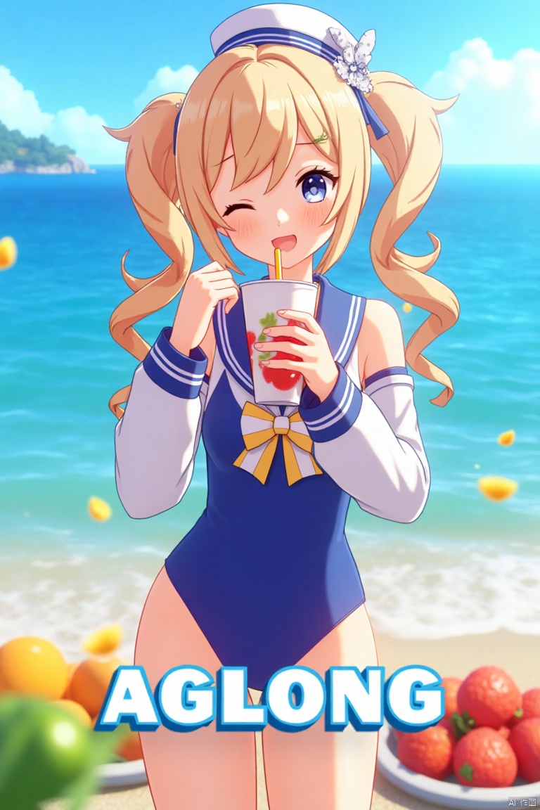 A cinematic movie poster featuring 1girl, solo, with long blonde hair styled in twin drills and twintails, adorned with a hair ornament and a sailor hat. She has blue eyes, a blush, and a cheerful smile with an open mouth, one eye closed, looking directly at the viewer. She wears a blue one-piece swimsuit with a sailor collar, detached sleeves, long sleeves, and a bow. She holds a cup with a drinking straw, surrounded by fruit, standing outdoors on a beach with the ocean and blue sky in the background. The composition is dynamic, with cinematic lighting, high contrast, sharp focus, and a dramatic atmosphere. Three-dimensional text AGlong is centered below.