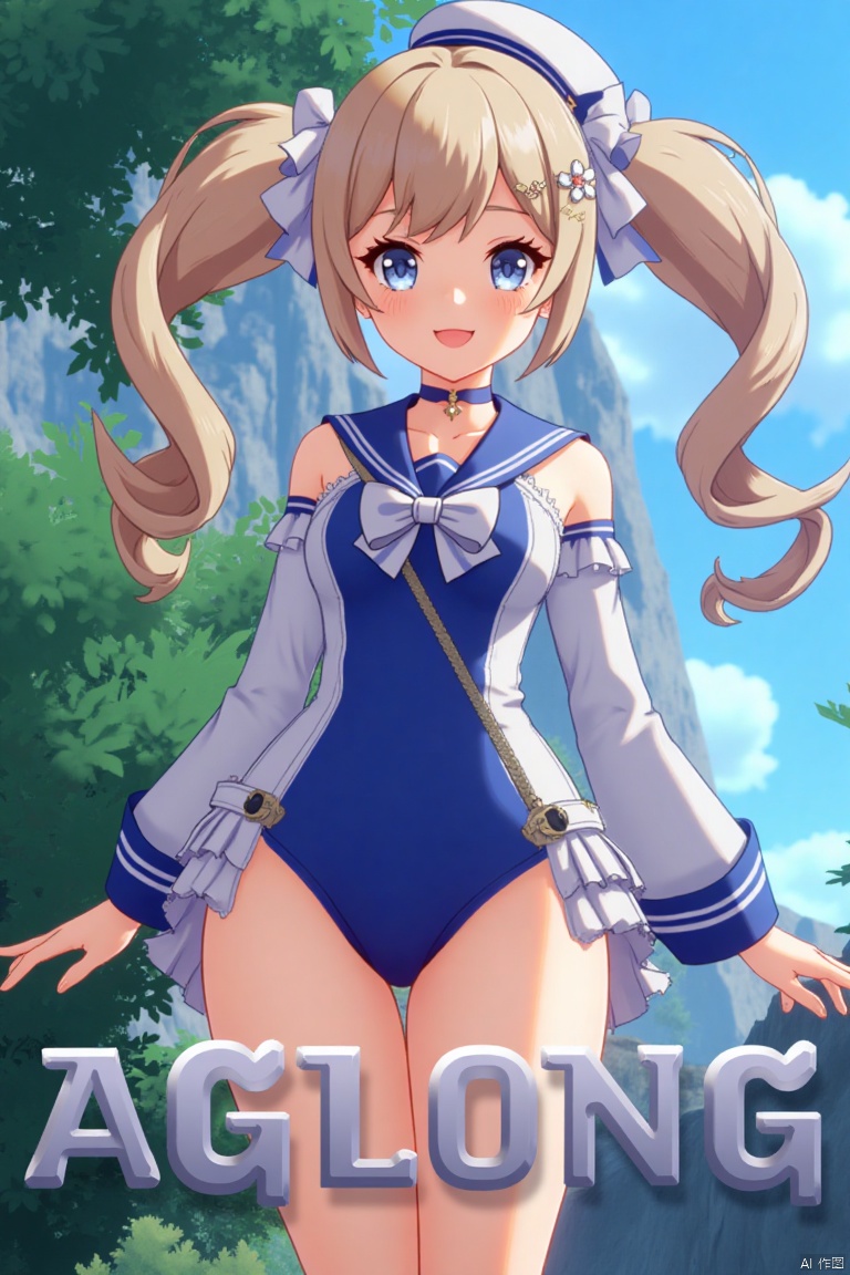 A cinematic movie poster featuring 1girl, solo, with long light brown hair styled in twin drills, sidelocks, and twintails, adorned with a hair ornament and a sailor hat. She has blue eyes, bangs, and a cheerful smile with an open mouth, looking directly at the viewer. She wears a blue one-piece swimsuit with a sailor collar, detached sleeves, long sleeves, a bow, and a choker, with a covered navel. She holds a handbag and stands in a dynamic pose. The background is detailed with a poster theme, cinematic lighting, high contrast, and sharp focus, creating a dramatic atmosphere. Three-dimensional text AGlong is centered below.